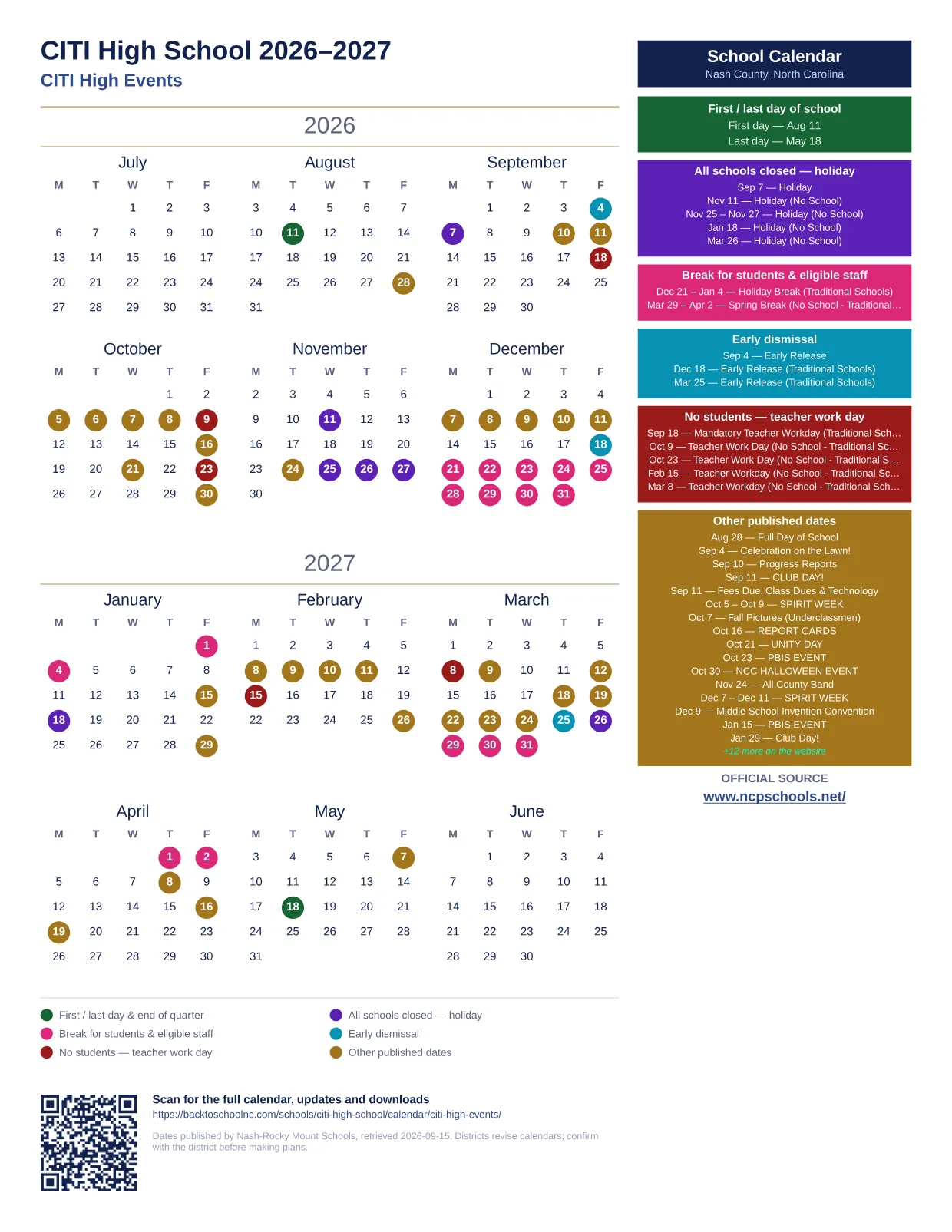 CITI High School 2026–2027 printable calendar