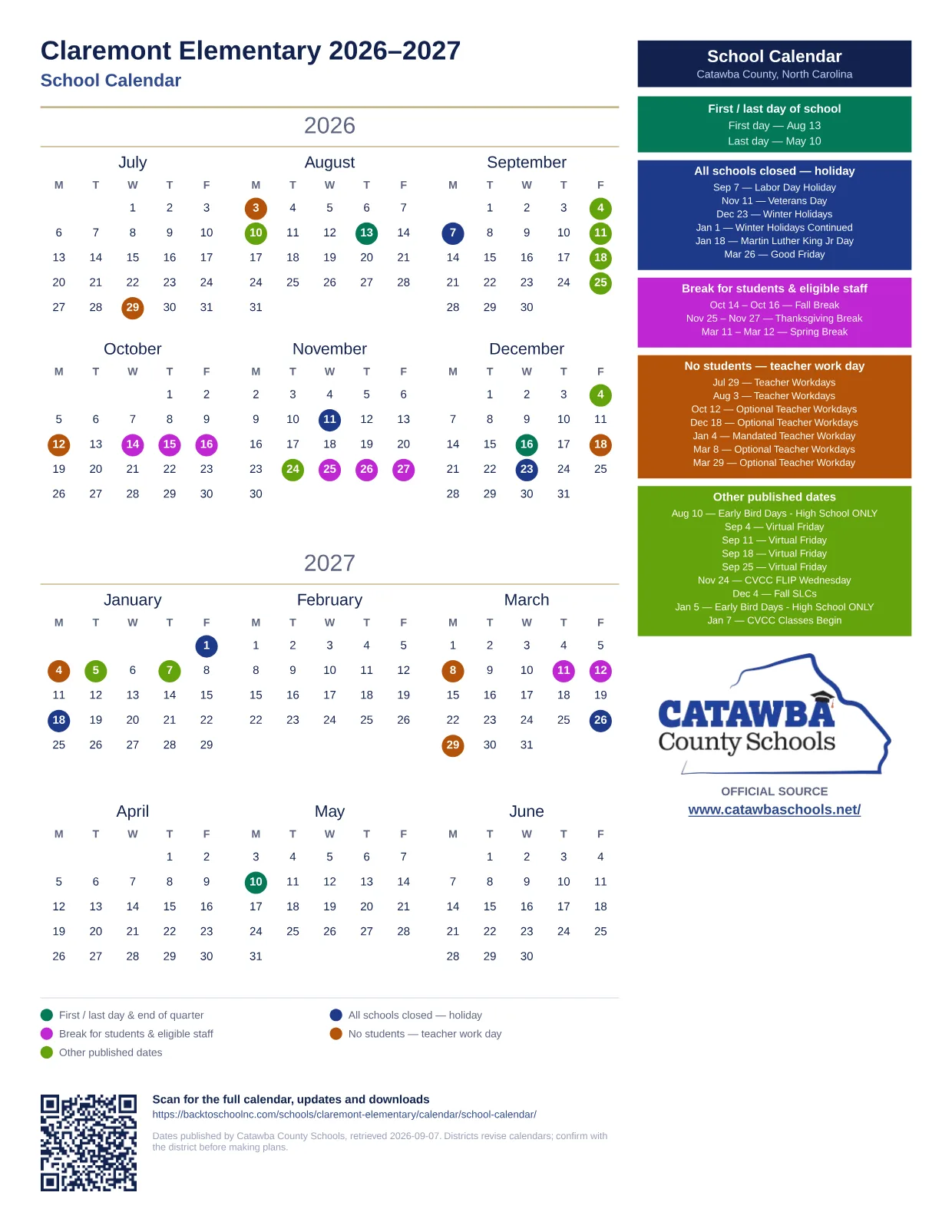 Claremont Elementary 2026–2027 printable calendar