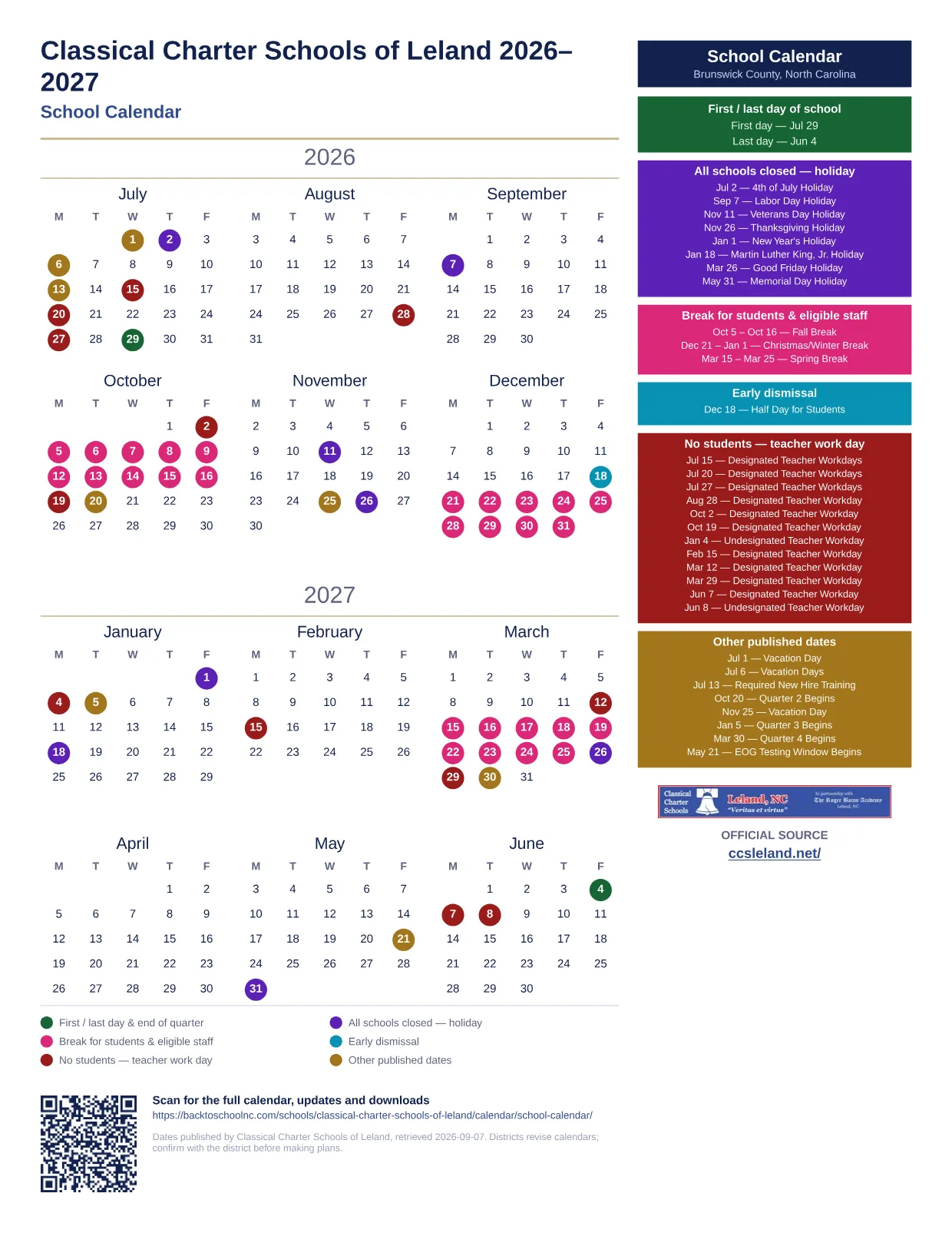 Classical Charter Schools of Leland School Calendar 2026–2027 printable calendar
