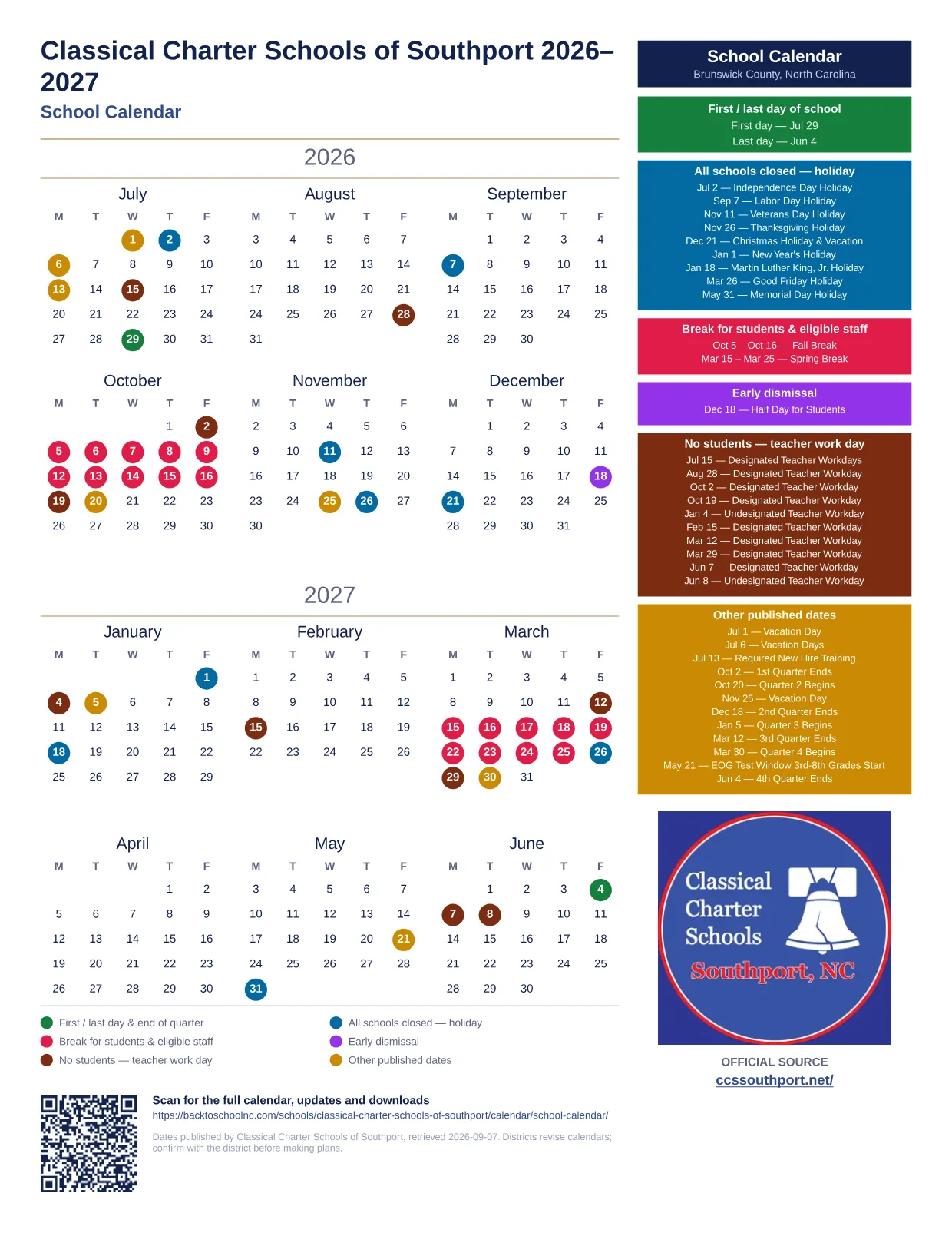 Classical Charter Schools of Southport School Calendar 2026–2027 printable calendar