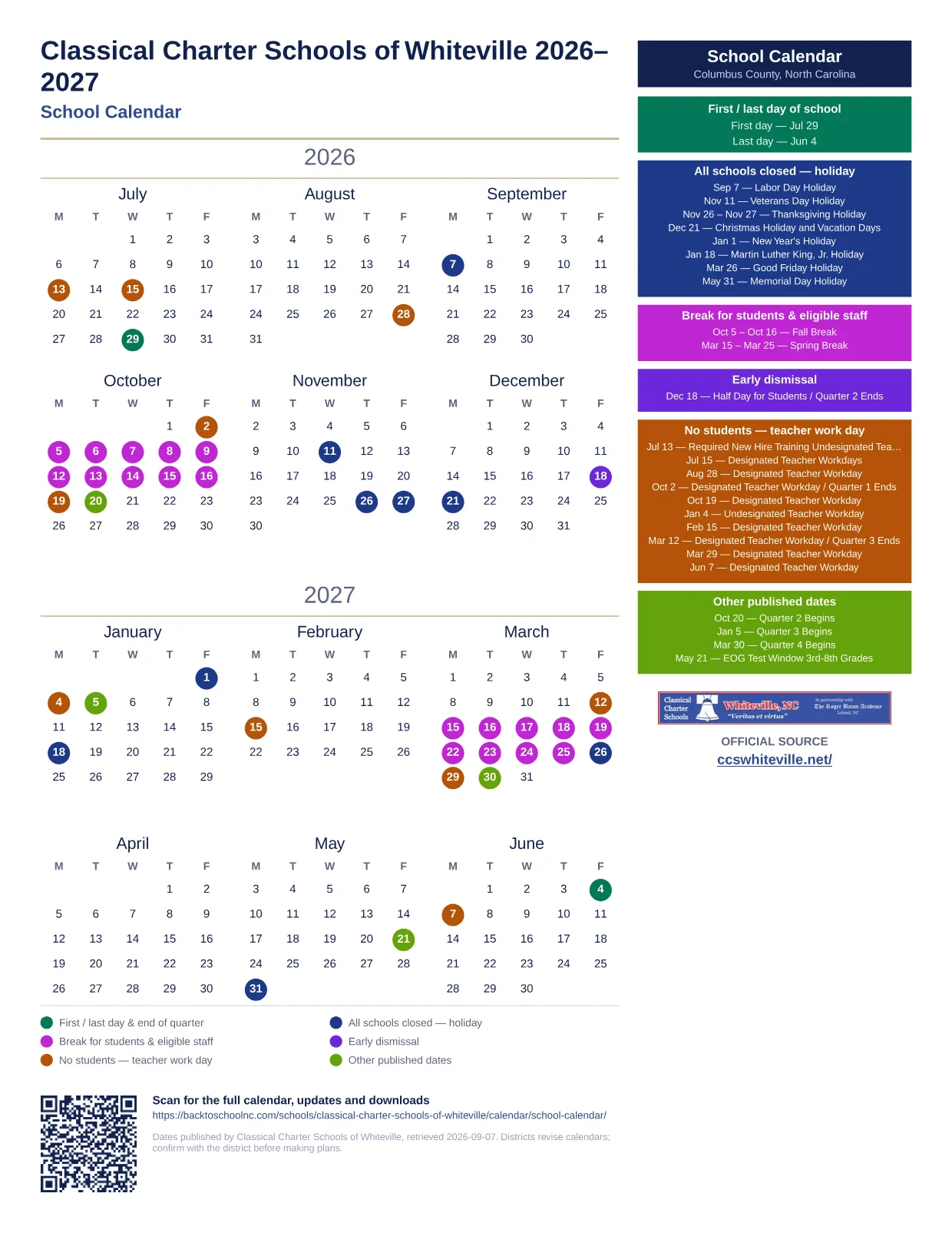 Classical Charter Schools of Whiteville School Calendar 2026–2027 printable calendar