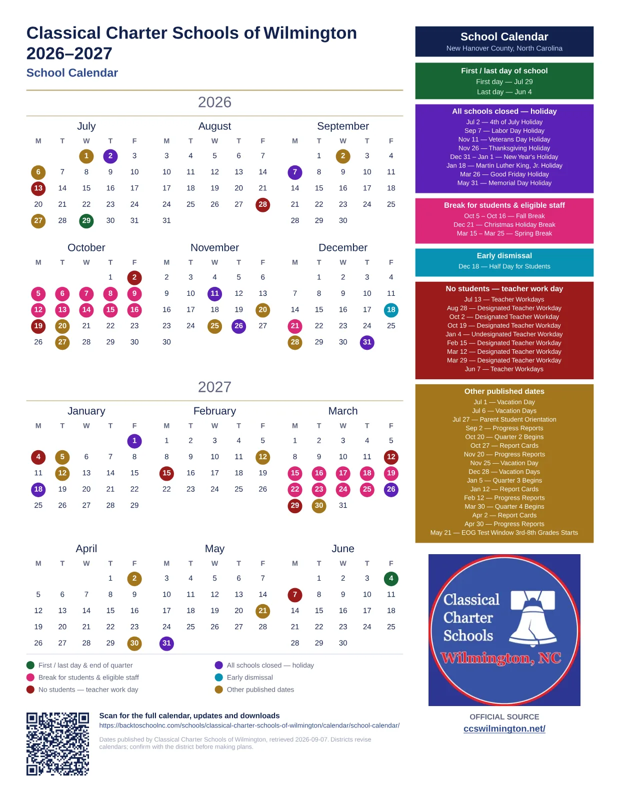 Classical Charter Schools of Wilmington School Calendar 2026–2027 printable calendar