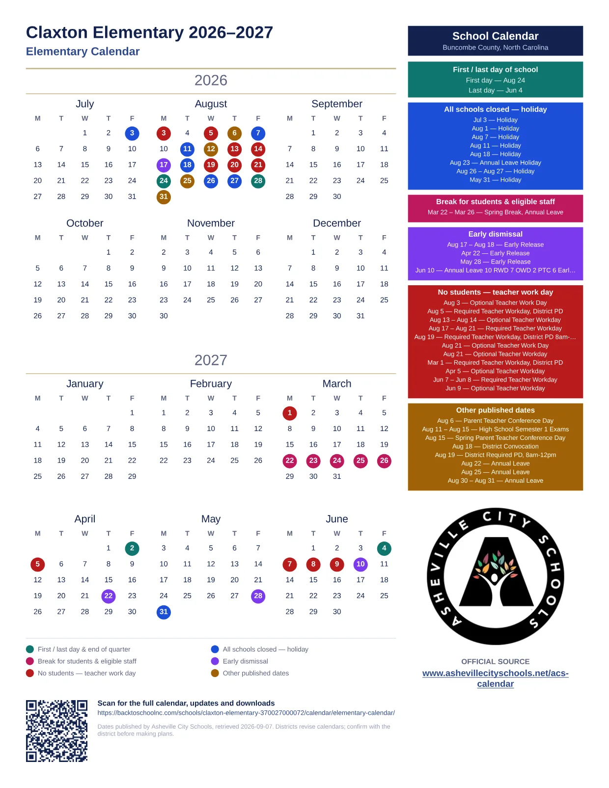 Claxton Elementary 2026–2027 printable calendar