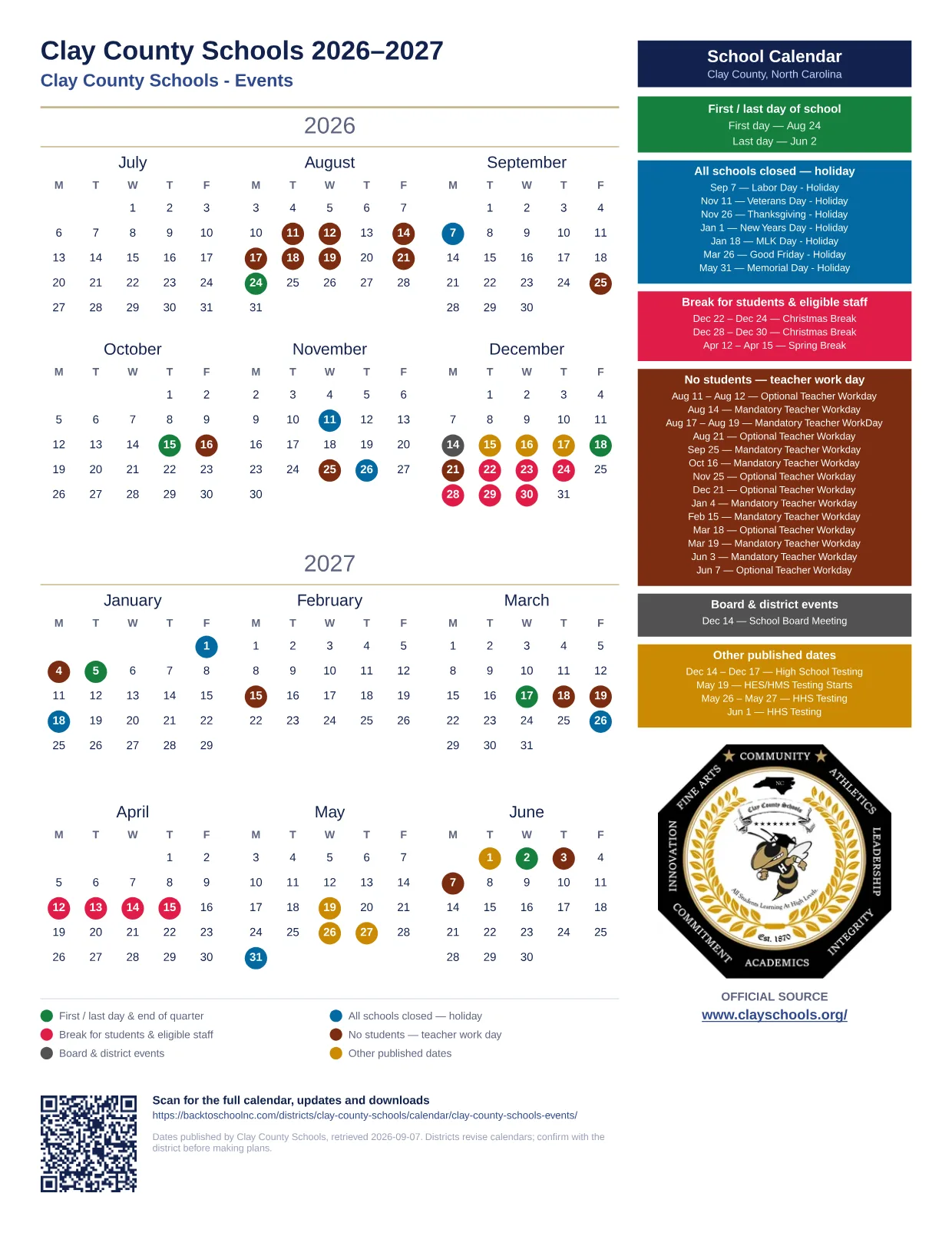 Clay County Schools Clay County Schools - Events 2026–2027 printable calendar