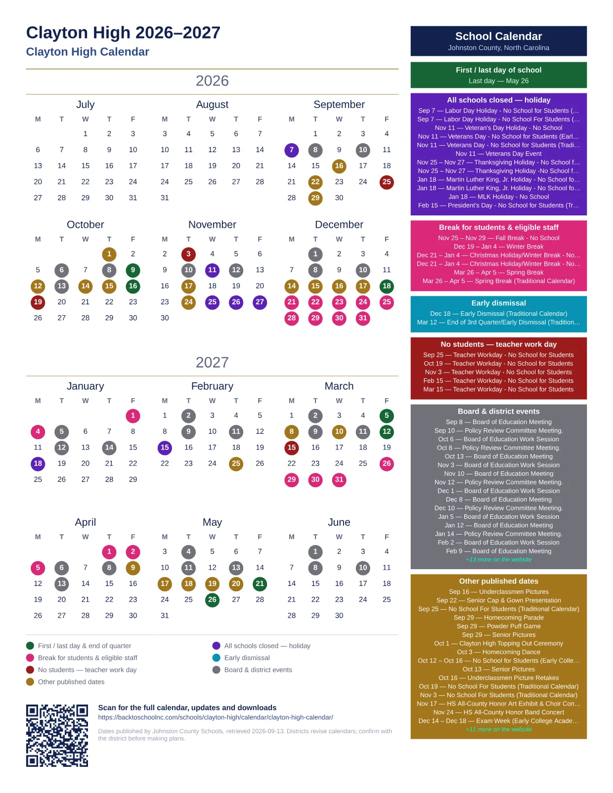 Clayton High  printable calendar