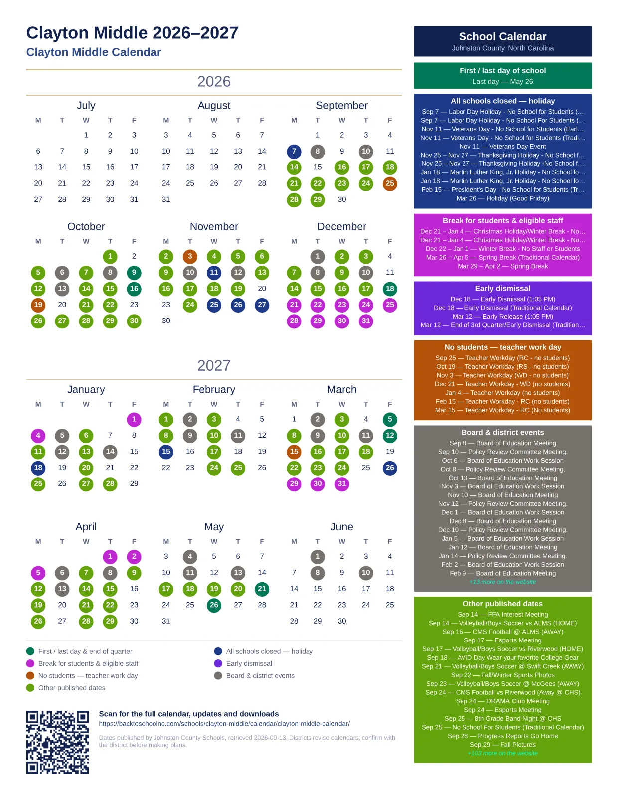 Clayton Middle printable calendar