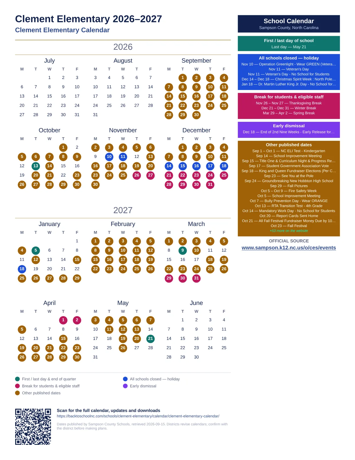 Clement Elementary  printable calendar