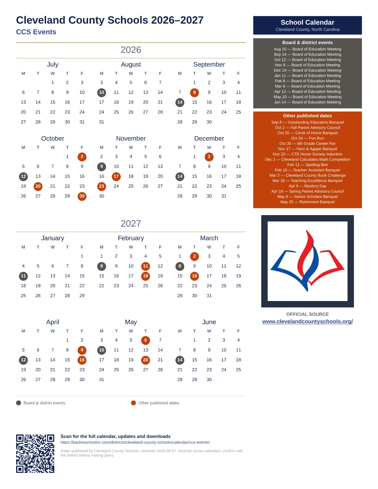 Cleveland County Schools CCS Events  printable calendar
