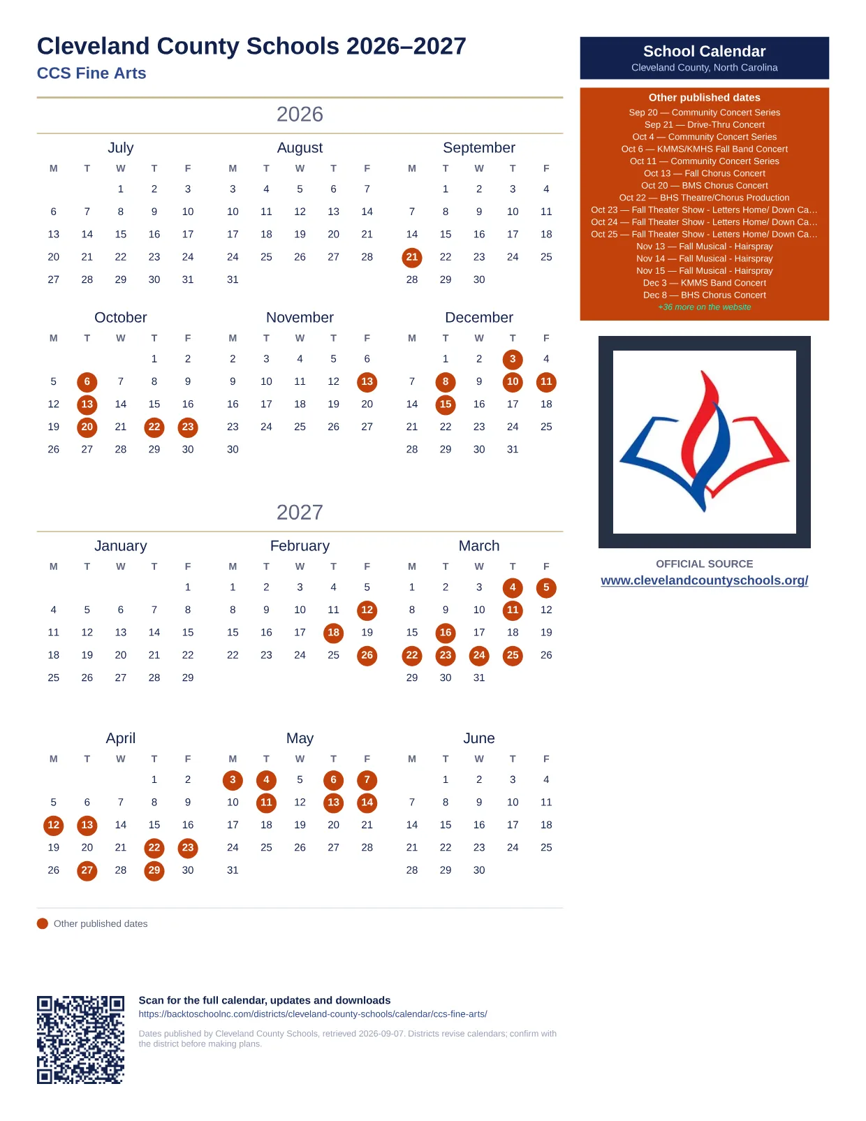 Cleveland County Schools CCS Fine Arts  printable calendar
