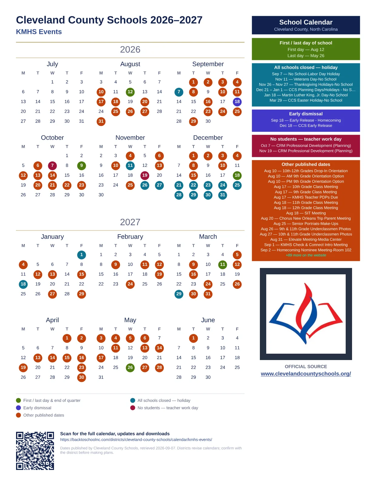 Cleveland County Schools KMHS Events 2026–2027 printable calendar