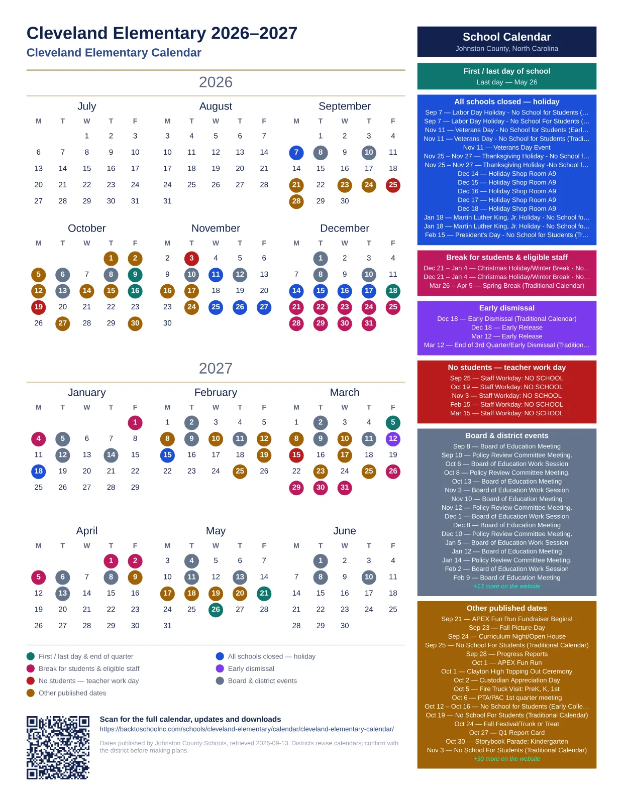 Cleveland Elementary printable calendar