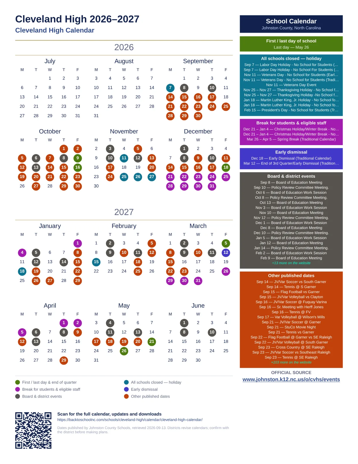 Cleveland High  printable calendar
