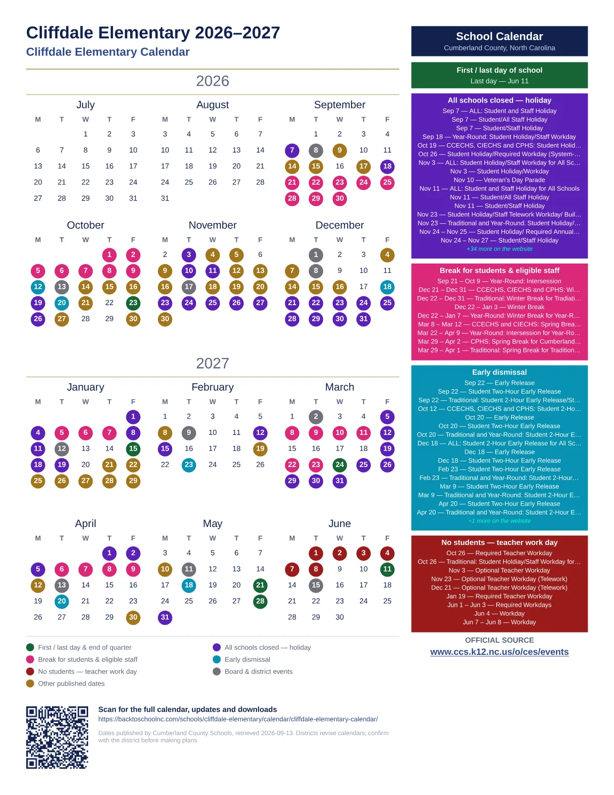 Cliffdale Elementary  printable calendar