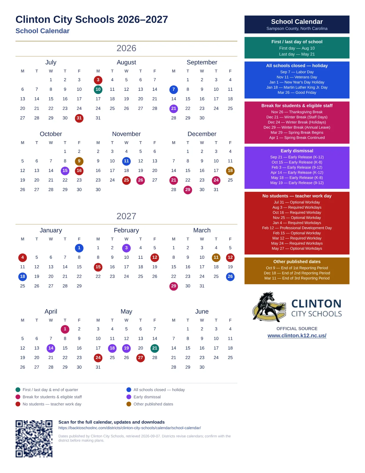 Clinton City Schools School Calendar 2026–2027 printable calendar