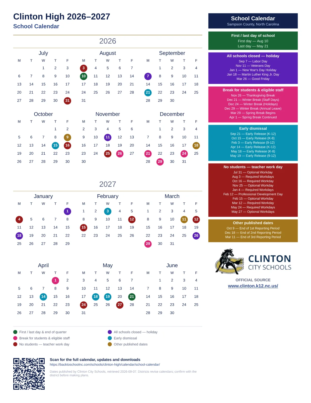 Clinton High 2026–2027 printable calendar