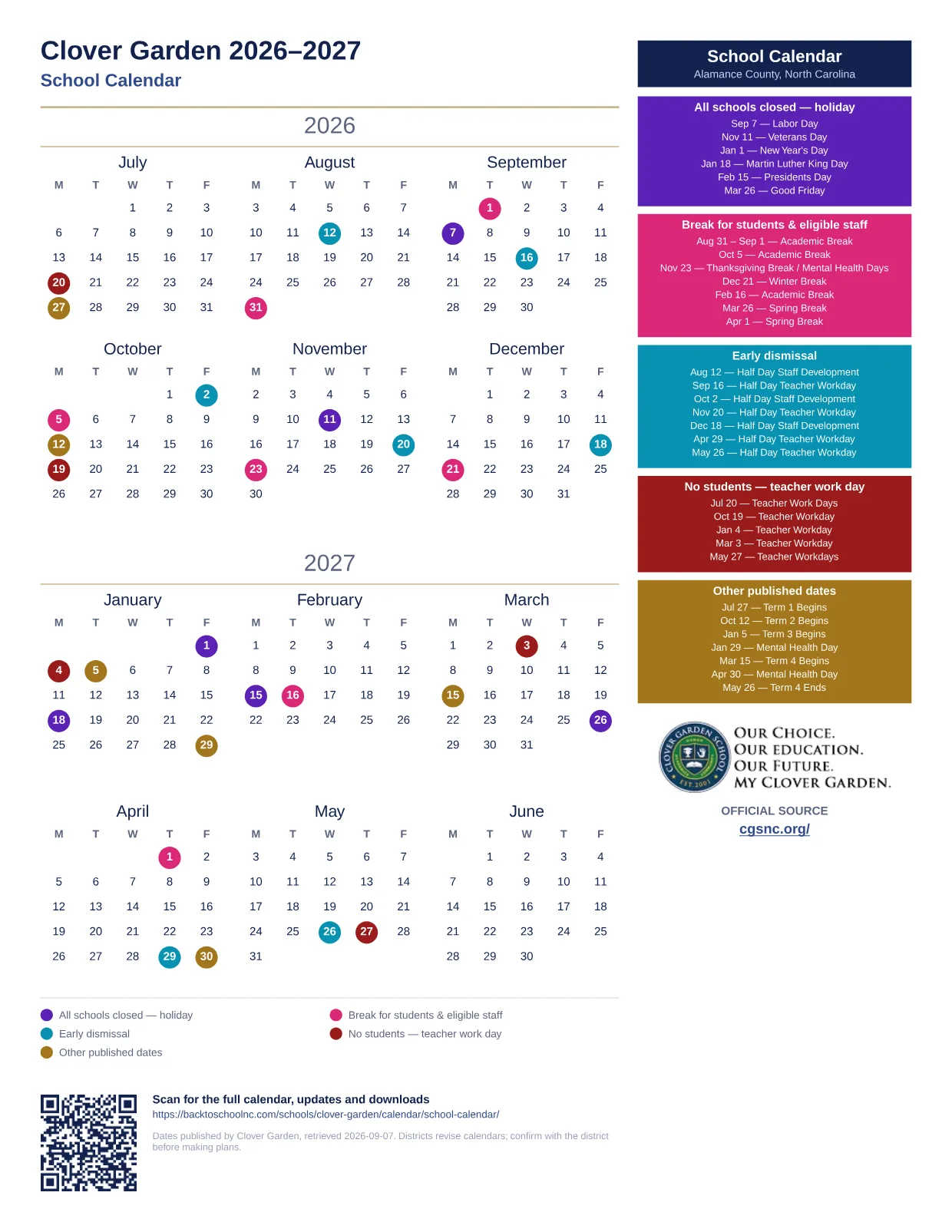 Clover Garden School Calendar  printable calendar