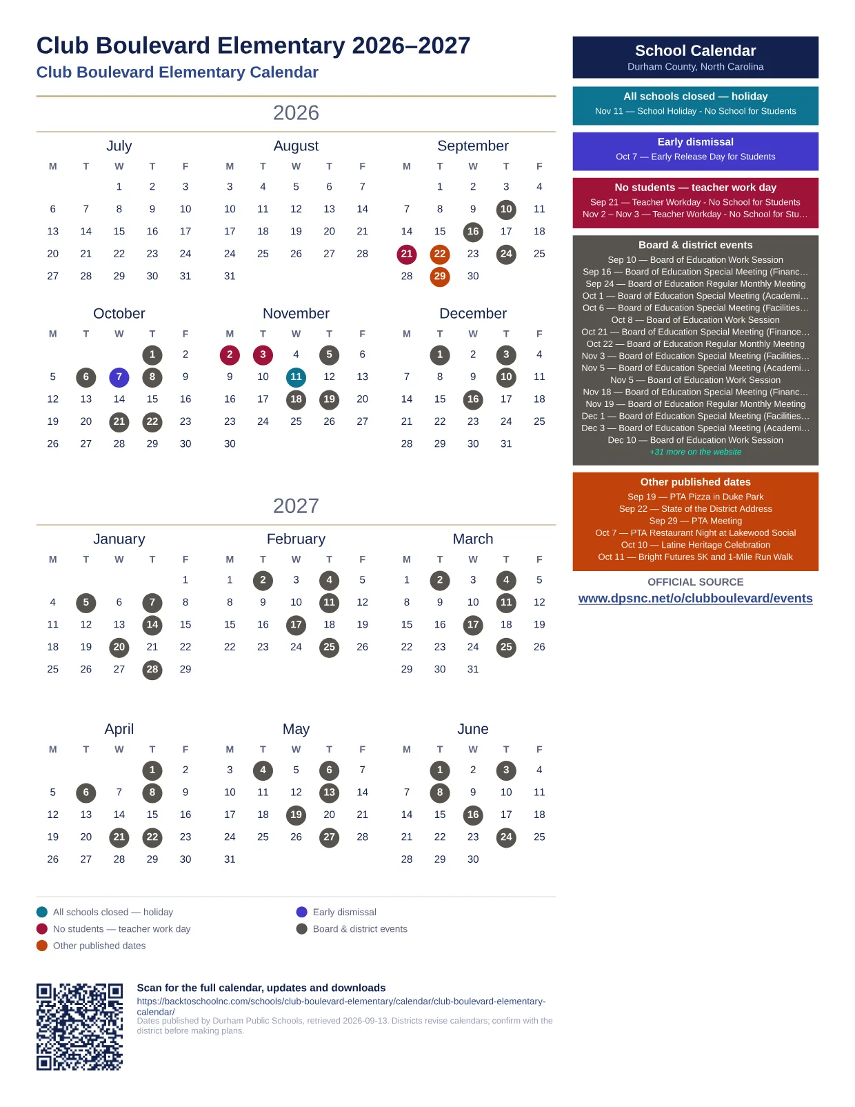 Club Boulevard Elementary  printable calendar
