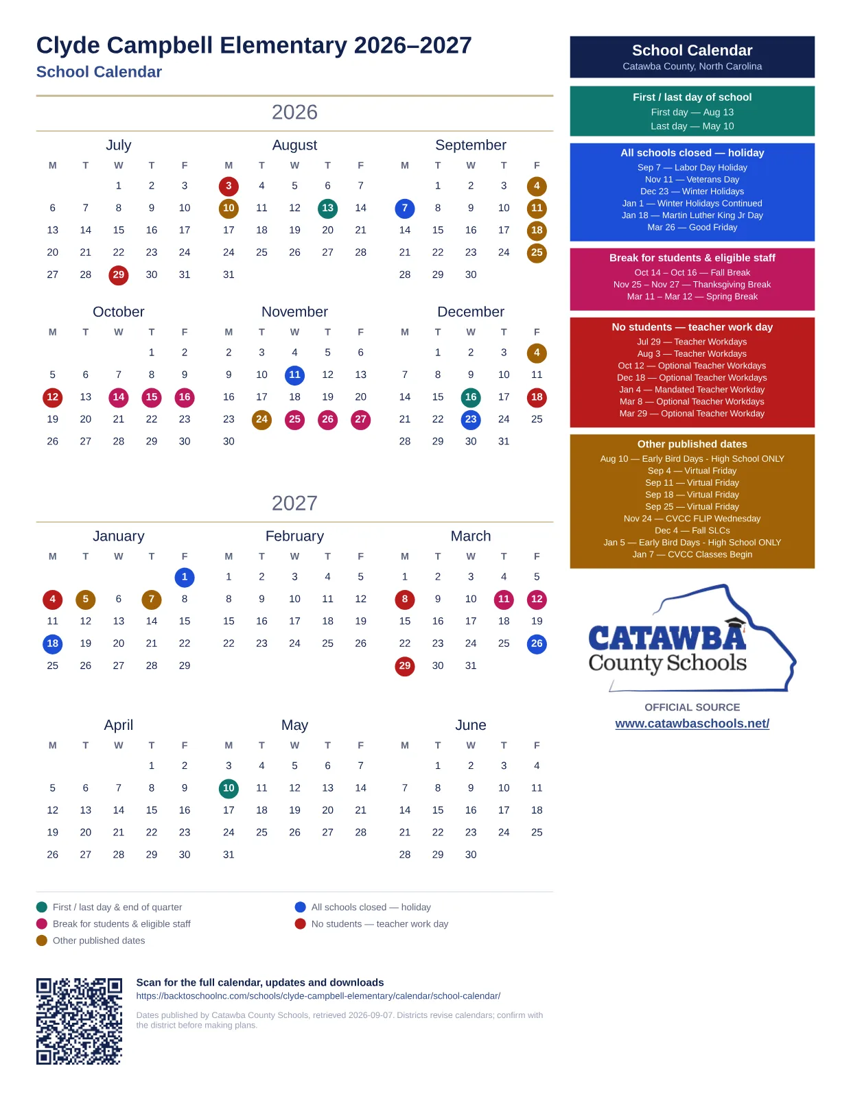 Clyde Campbell Elementary 2026–2027 printable calendar