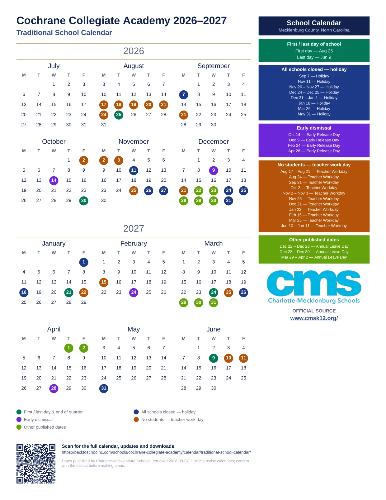 Cochrane Collegiate Academy 2026–2027 printable calendar