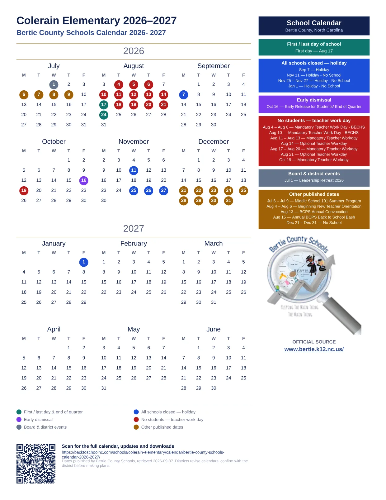 Colerain Elementary 2026–2027 printable calendar