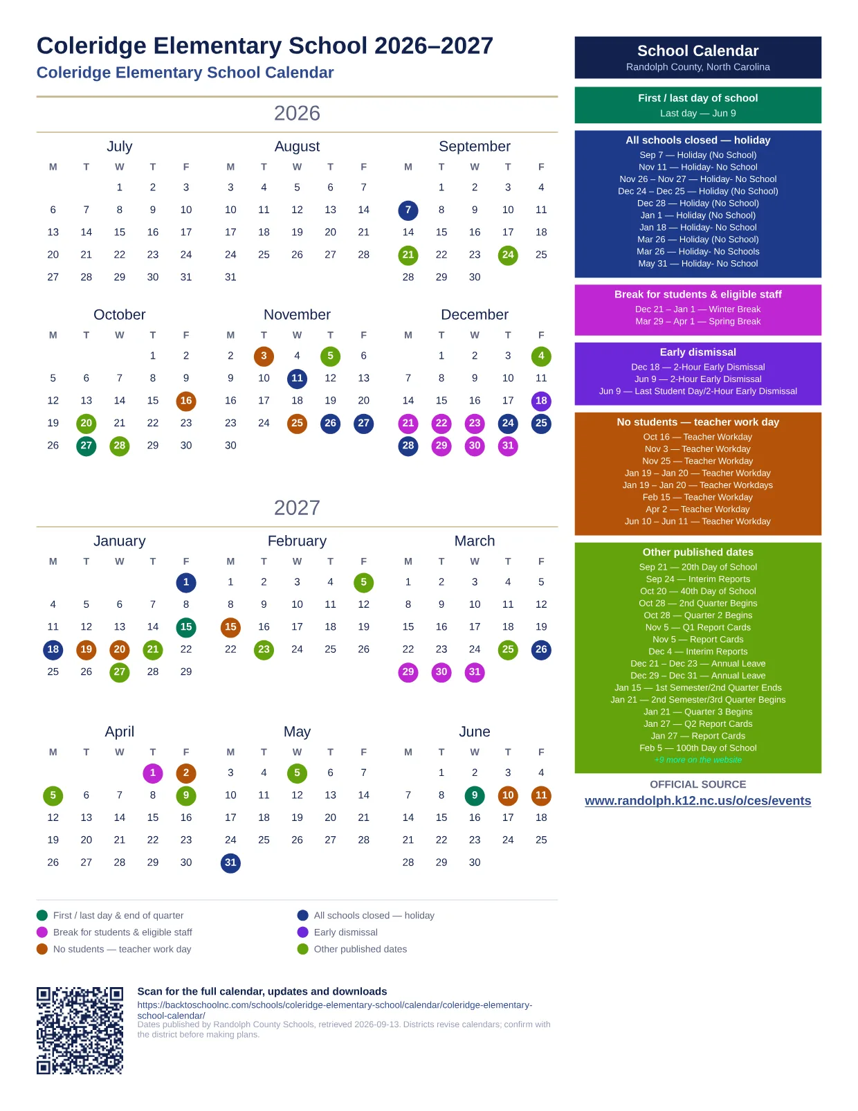 Coleridge Elementary School  printable calendar