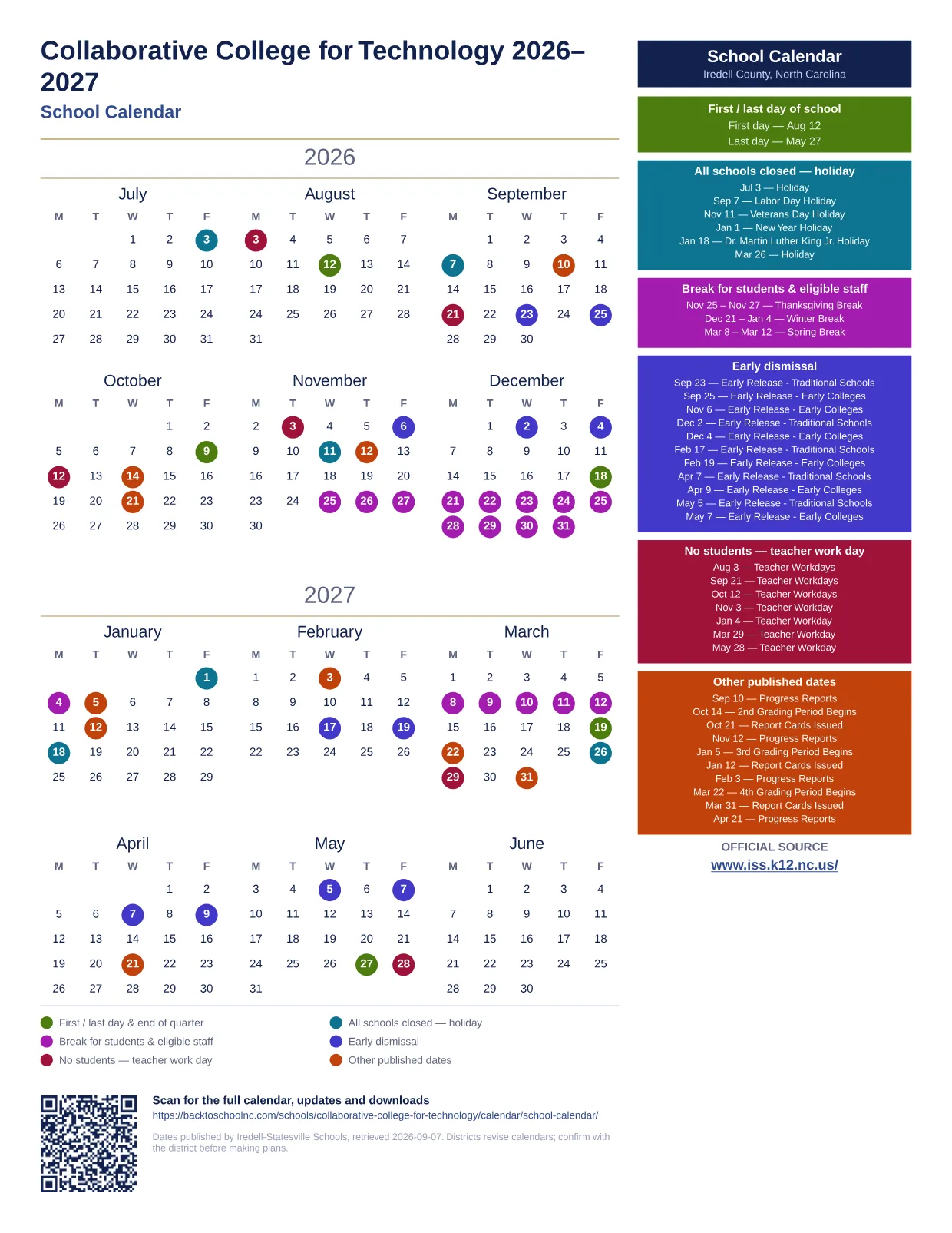 Collaborative College for Technology 2026–2027 printable calendar