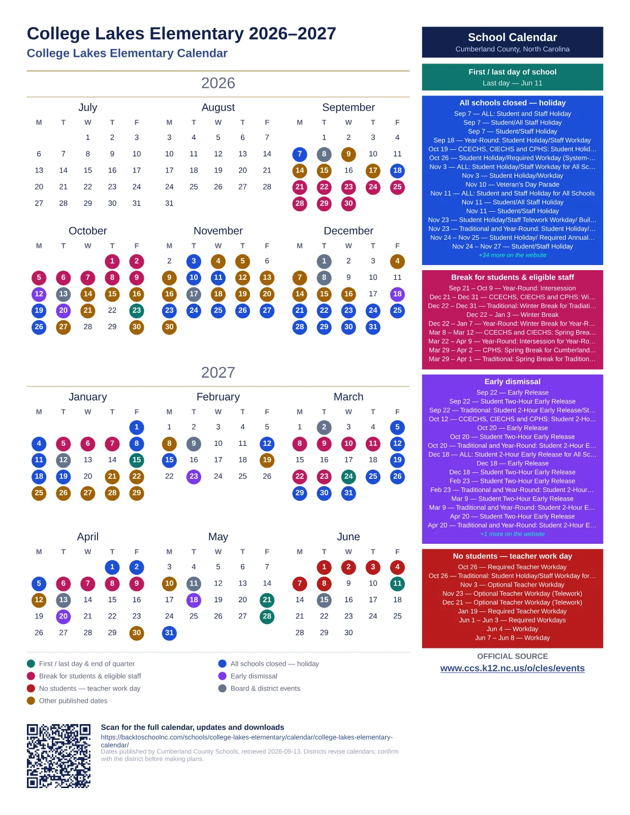 College Lakes Elementary  printable calendar