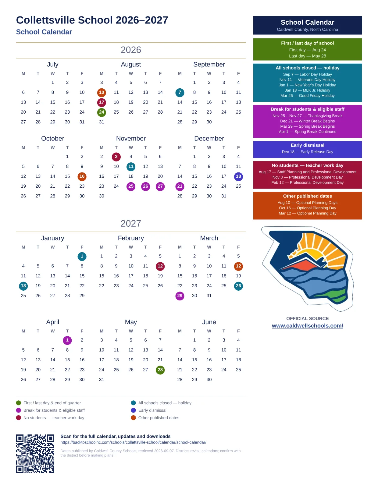 Collettsville School 2026–2027 printable calendar