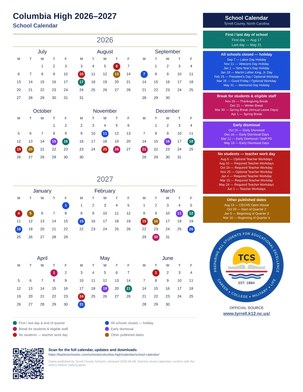 Columbia High 2026–2027 printable calendar