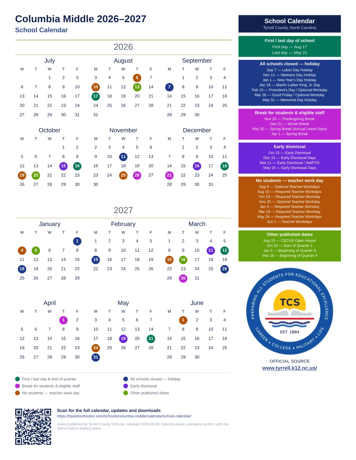 Columbia Middle 2026–2027 printable calendar