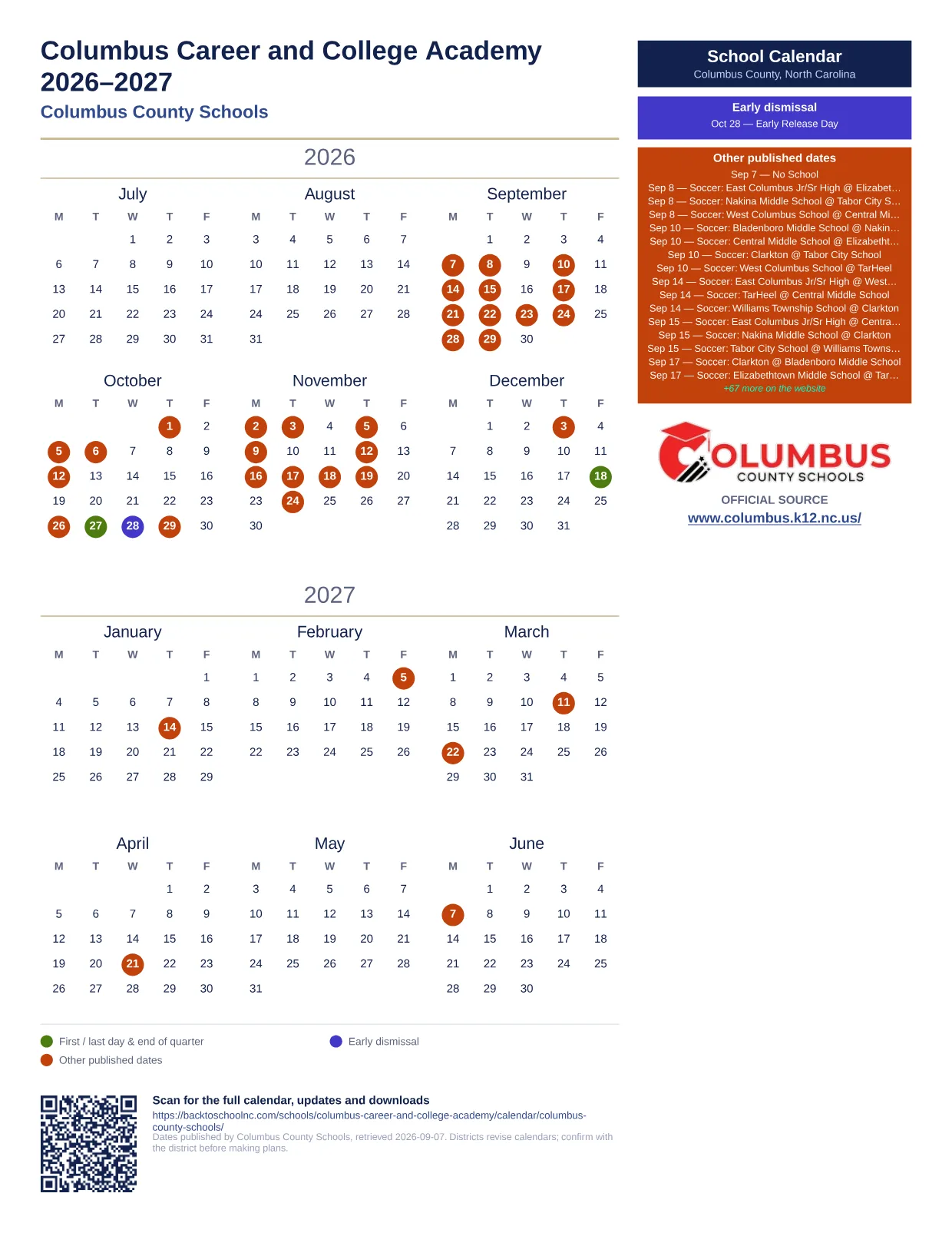 Columbus Career and College Academy  printable calendar