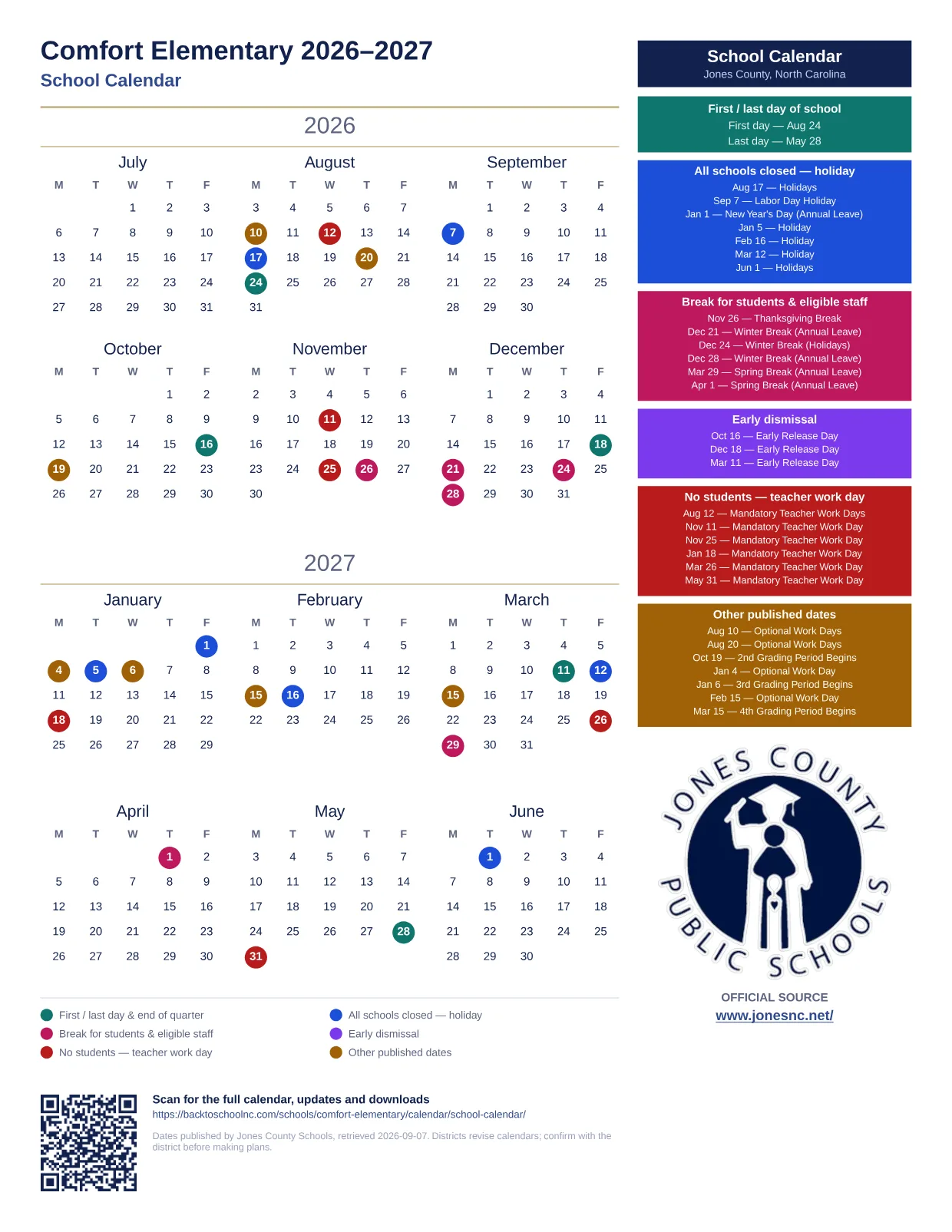 Comfort Elementary 2026–2027 printable calendar