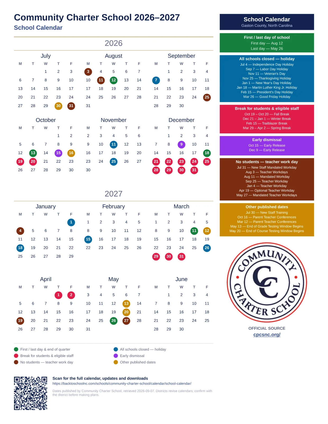 Community Charter School School Calendar 2026–2027 printable calendar