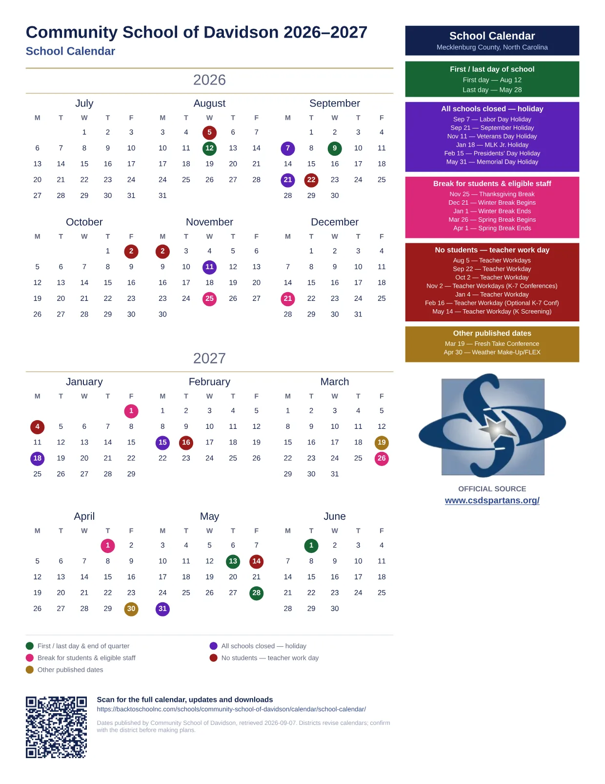 Community School of Davidson School Calendar 2026–2027 printable calendar