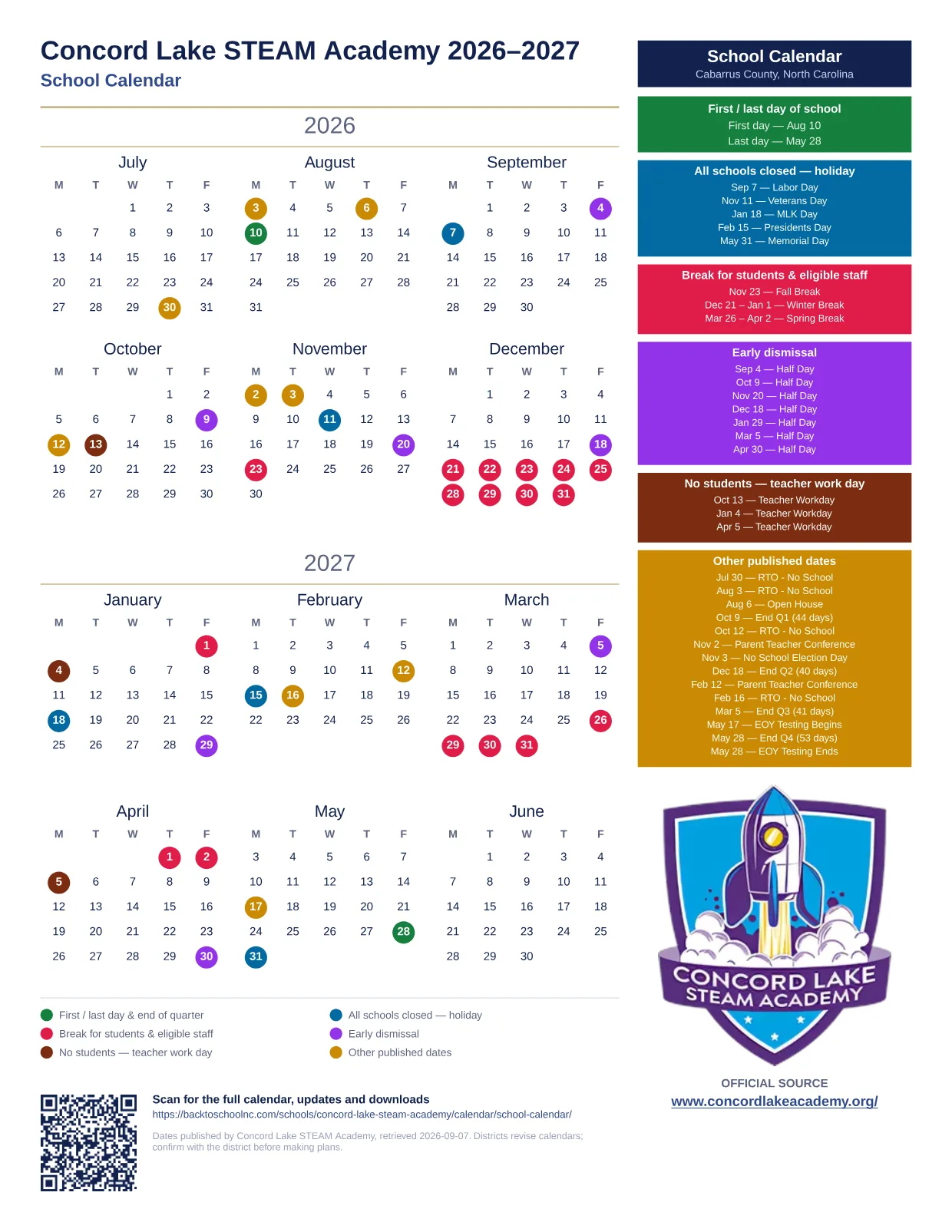 Concord Lake STEAM Academy School Calendar 2026–2027 printable calendar