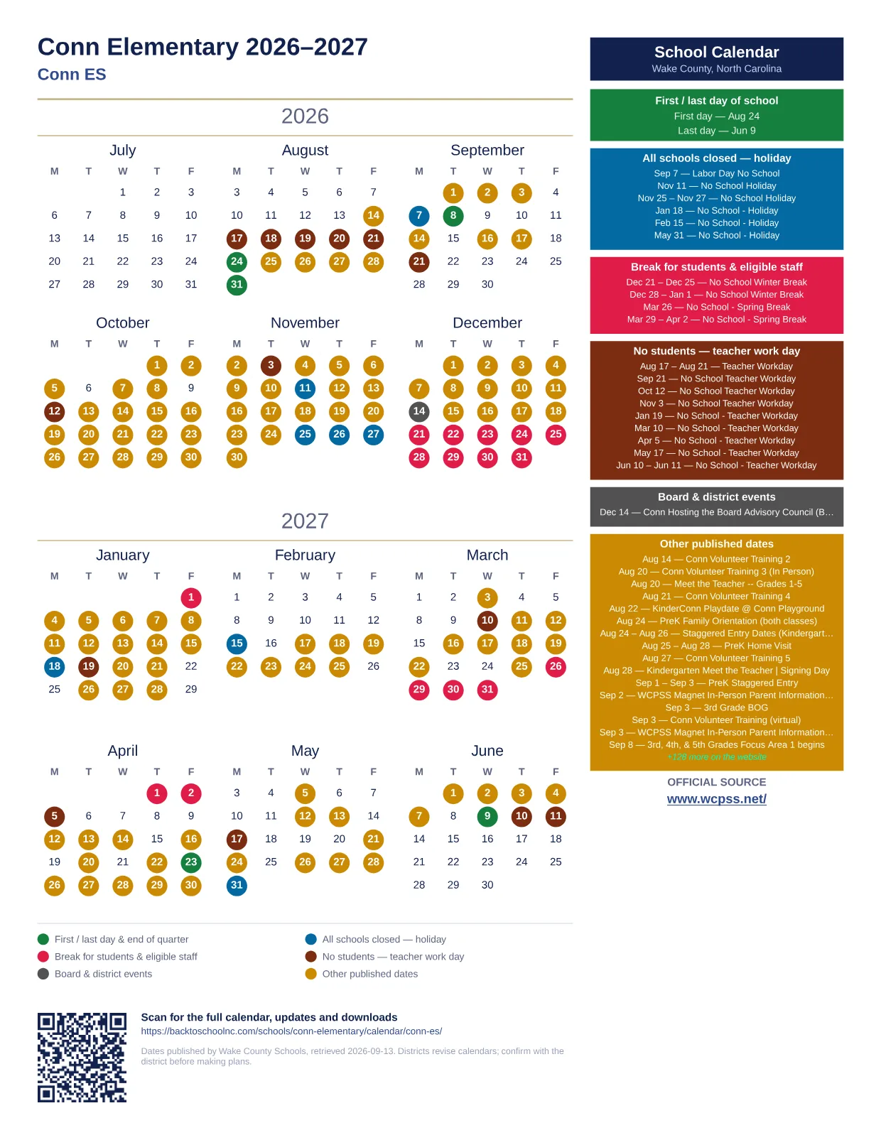 Conn Elementary 2026–2027 printable calendar