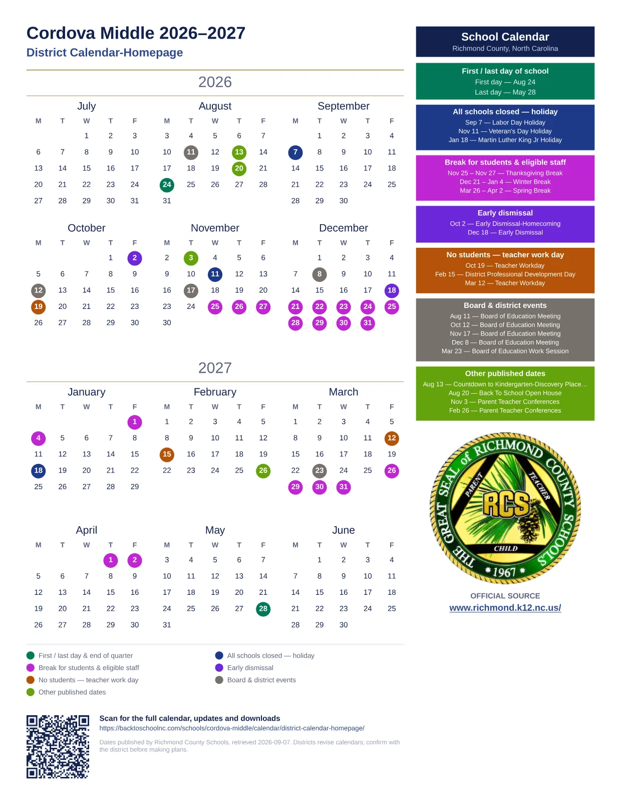 Cordova Middle 2026–2027 printable calendar
