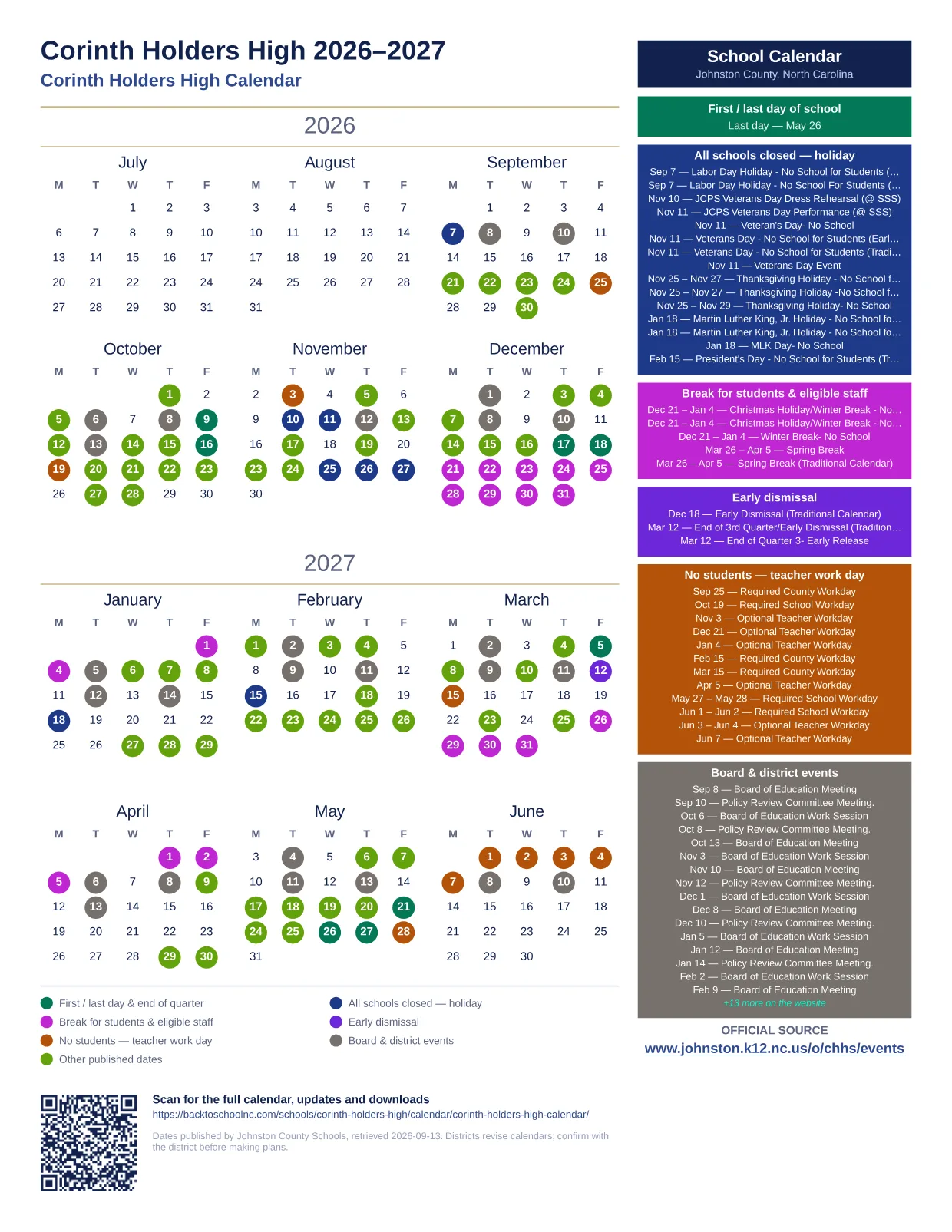 Corinth Holders High printable calendar