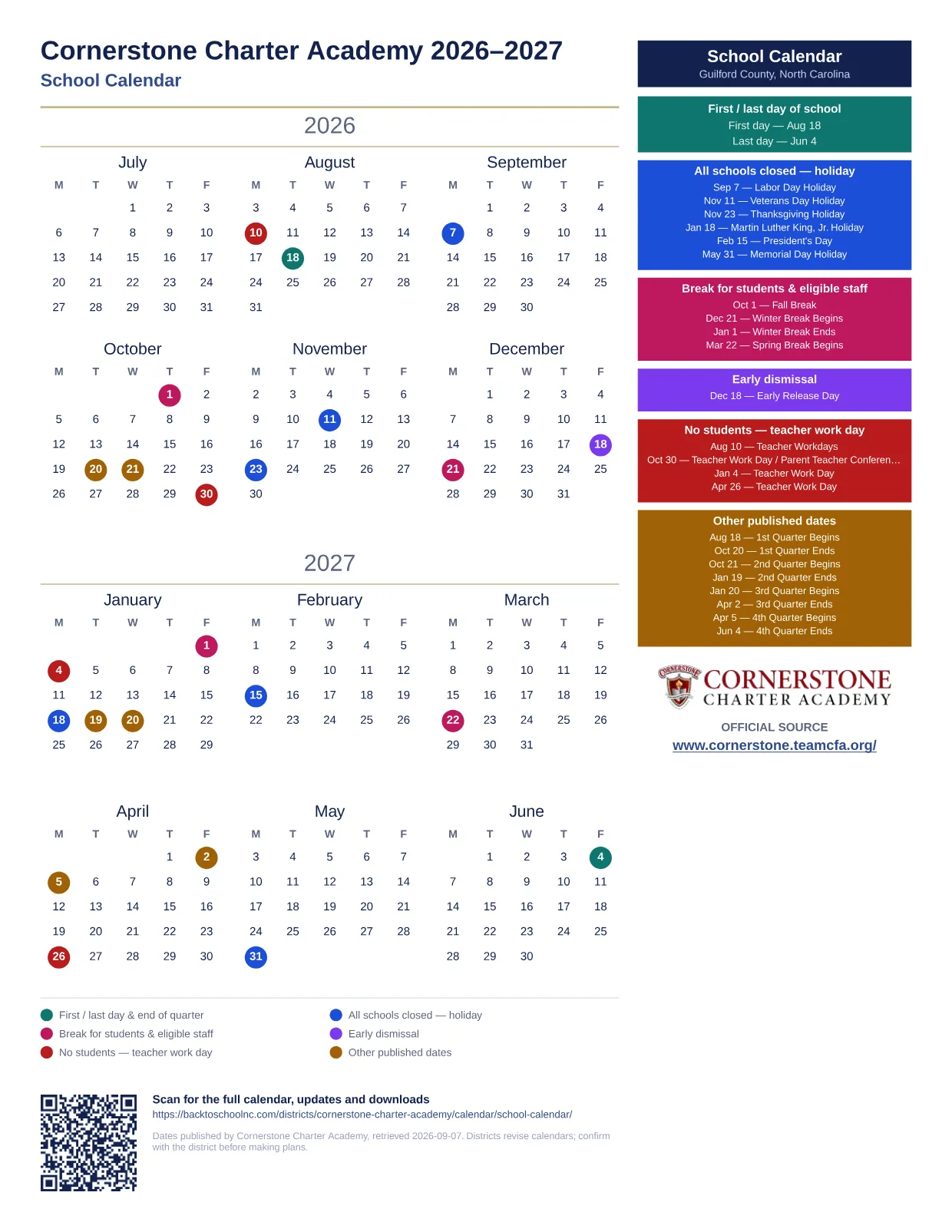 Cornerstone Charter Academy School Calendar 2026–2027 printable calendar