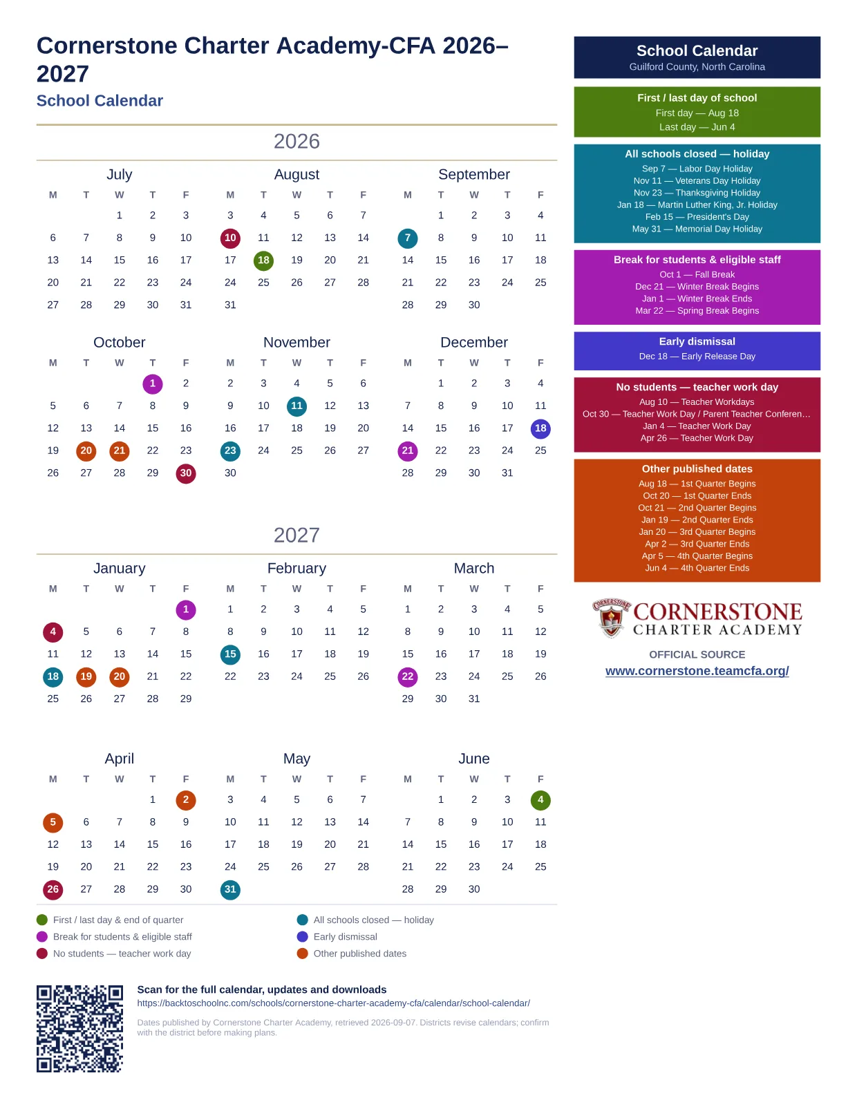 Cornerstone Charter Academy-CFA 2026–2027 printable calendar