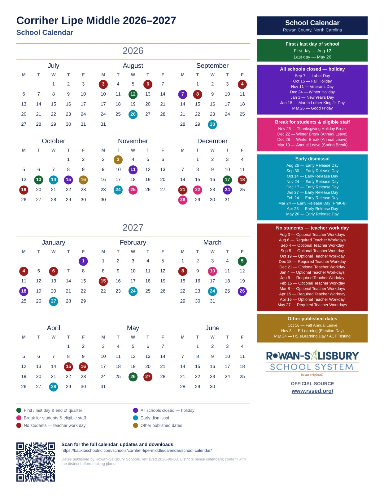 Corriher Lipe Middle 2026–2027 printable calendar