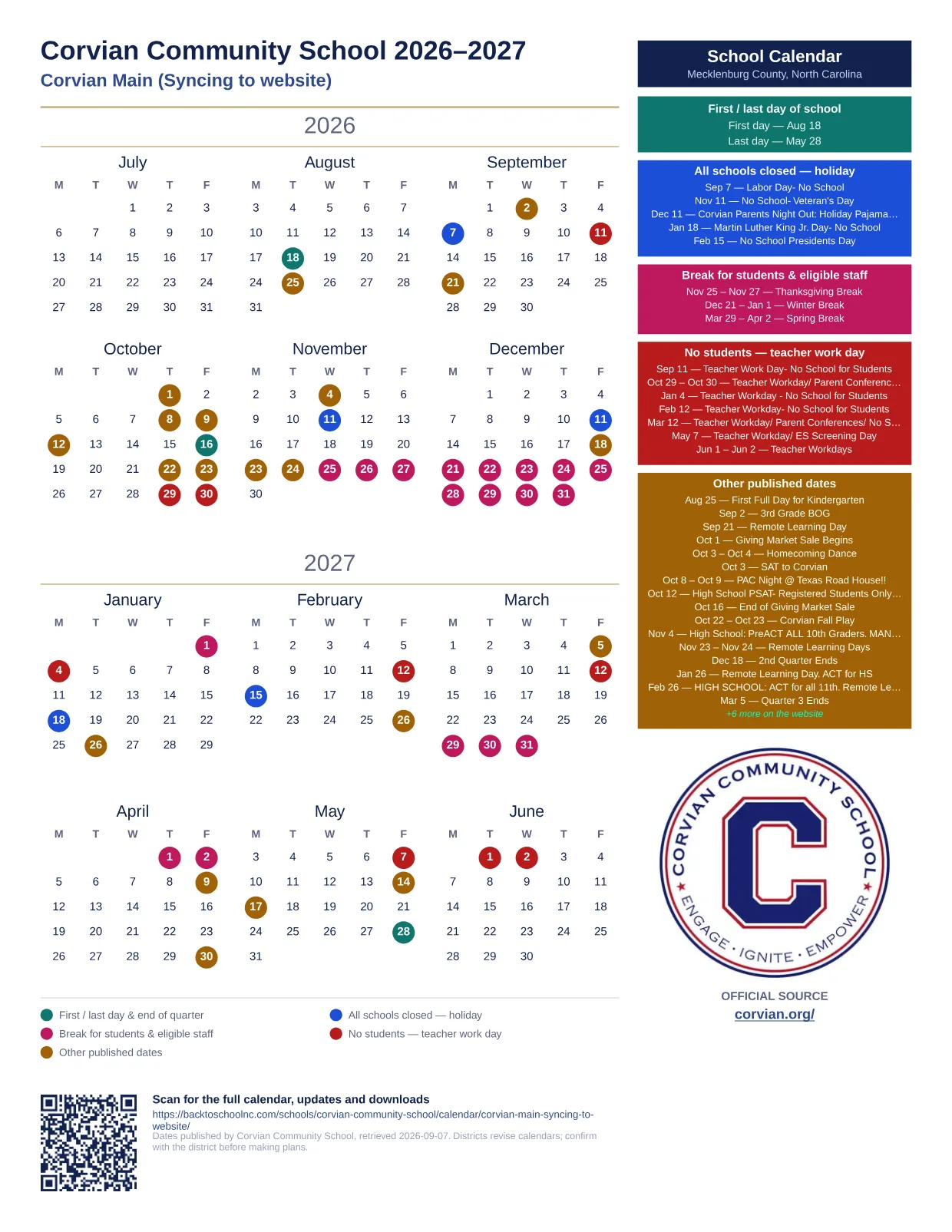 Corvian Community School Corvian Main (Syncing to website) 2026–2027 printable calendar