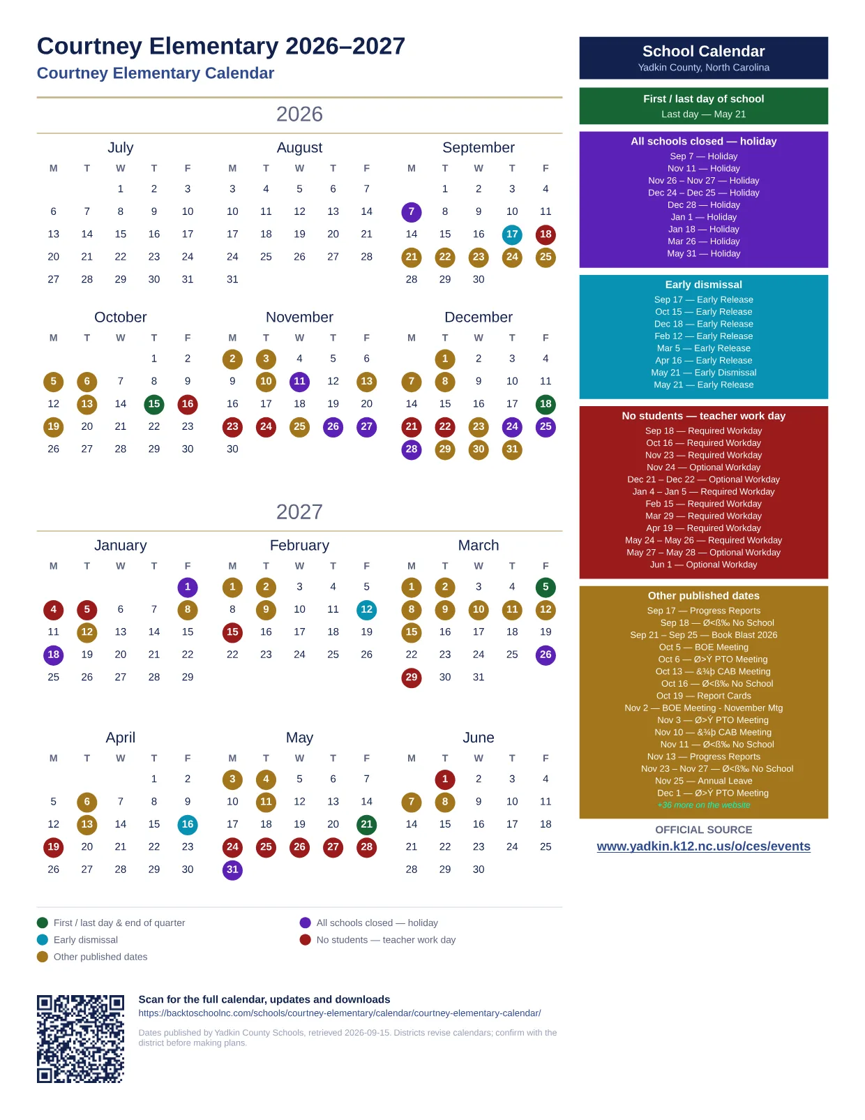 Courtney Elementary  printable calendar