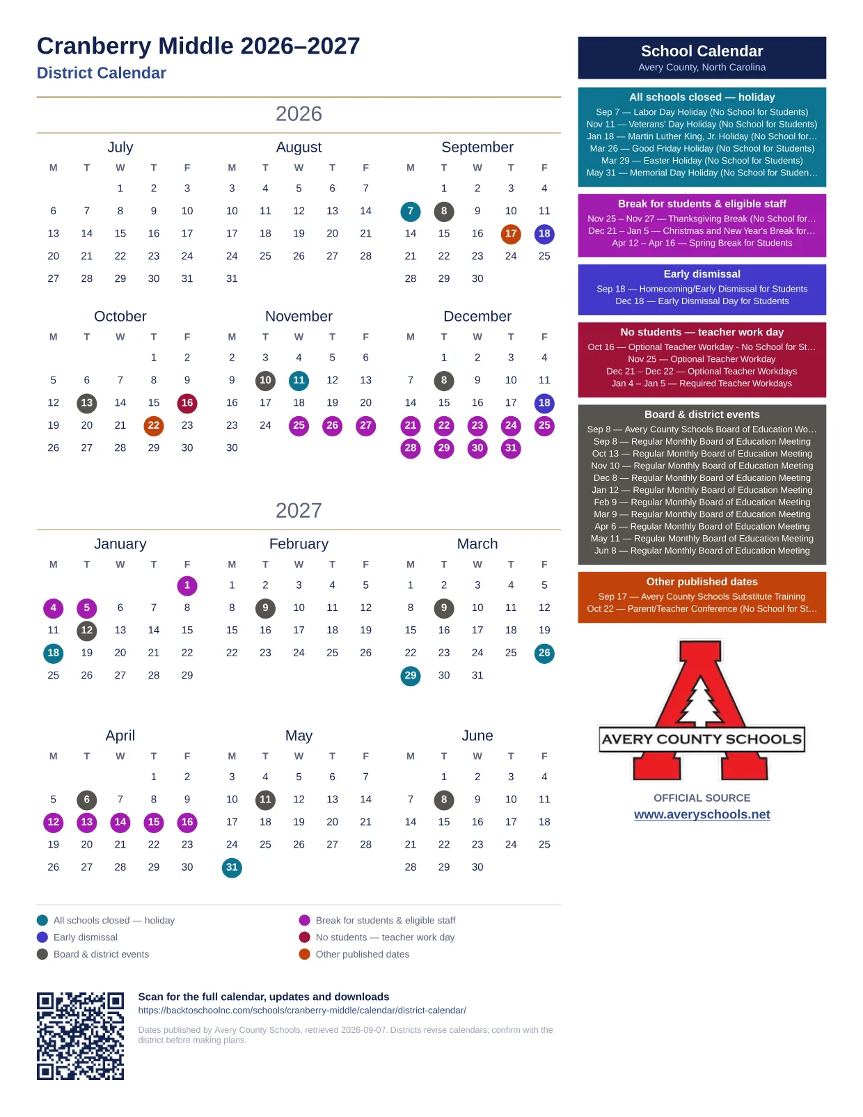 Cranberry Middle  printable calendar