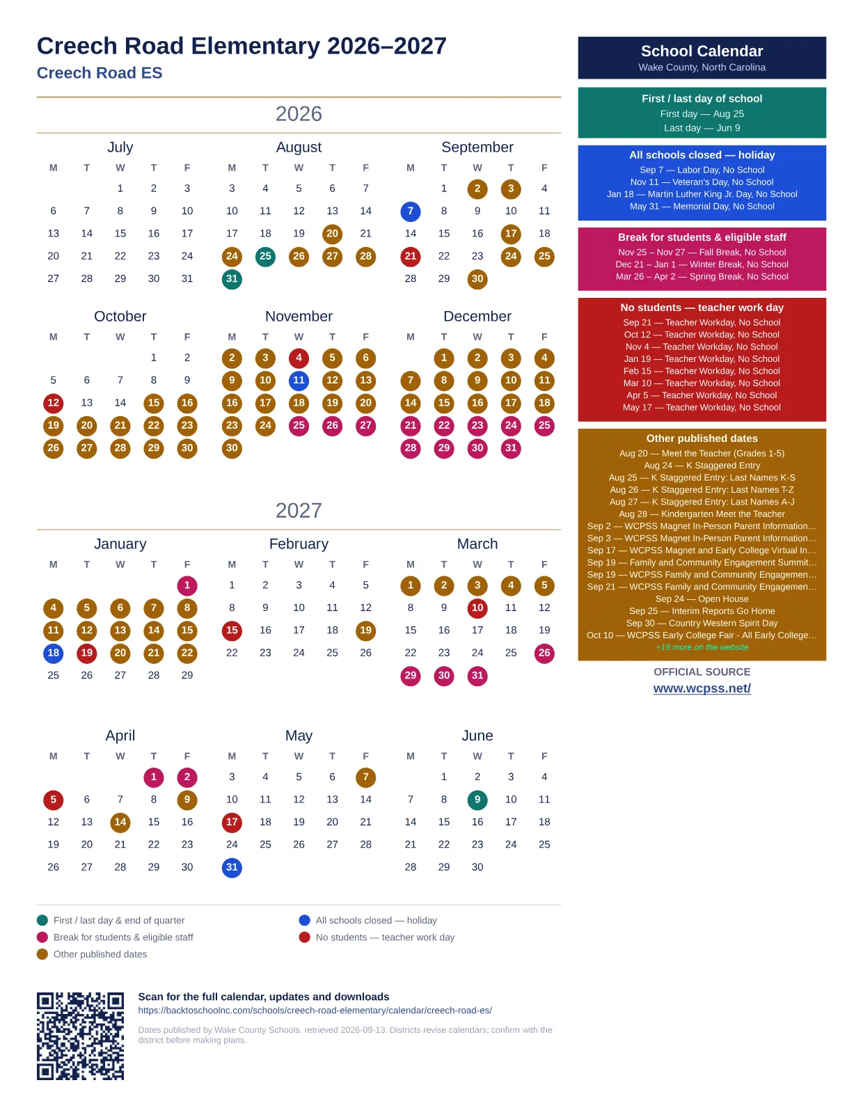 Creech Road Elementary 2026–2027 printable calendar