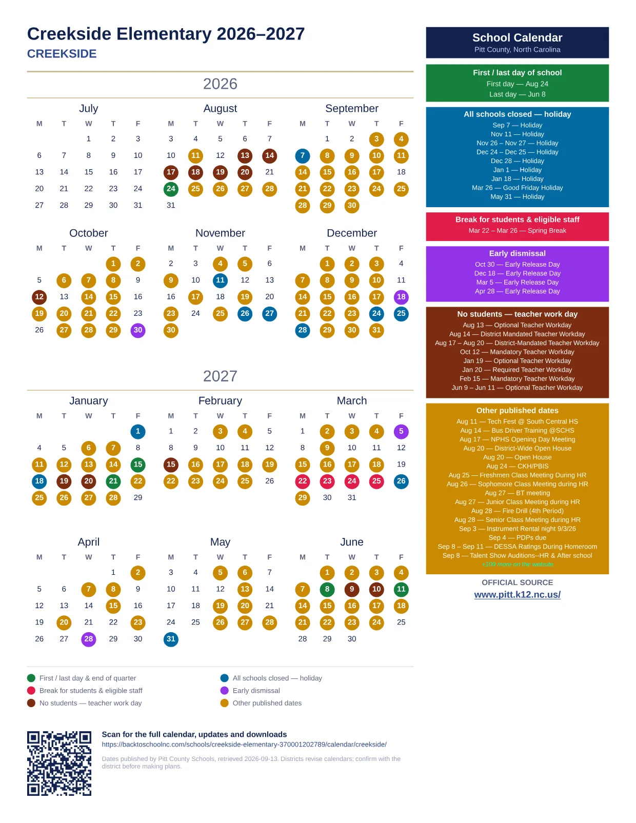 Creekside Elementary 2026–2027 printable calendar