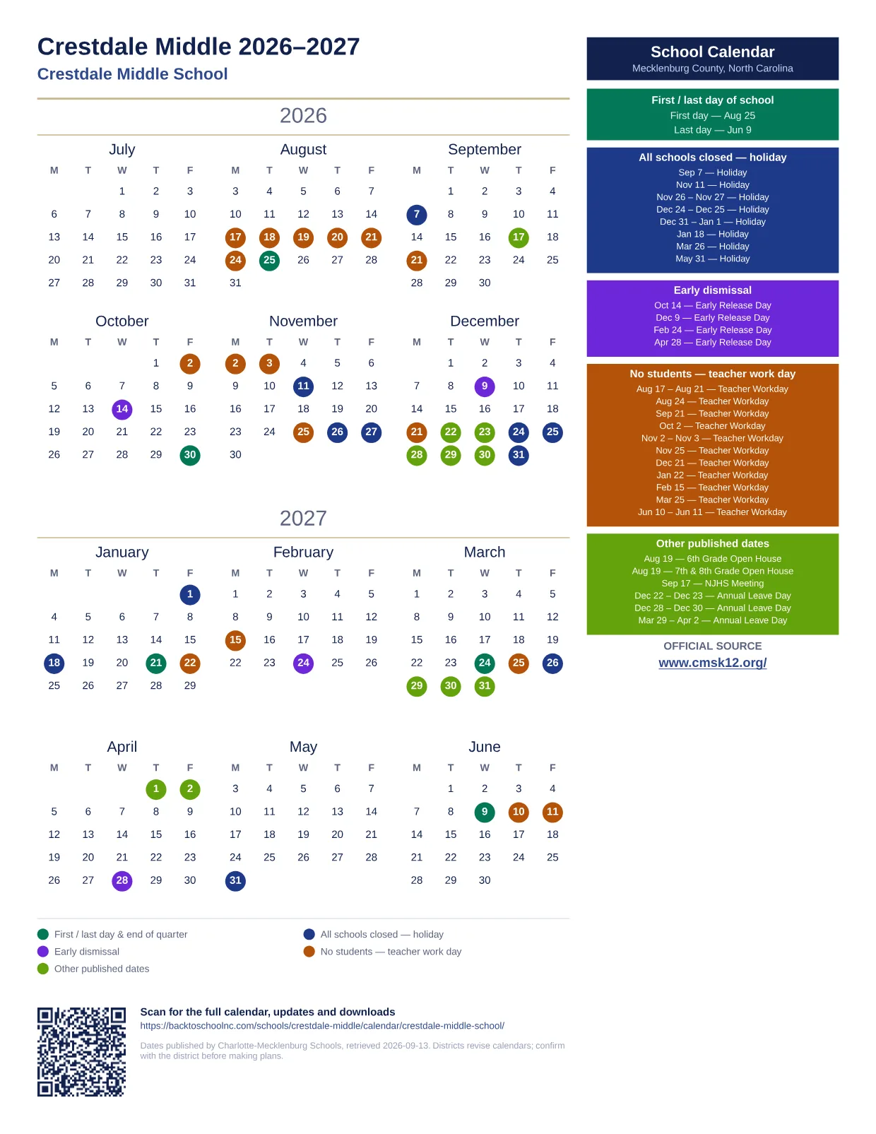 Crestdale Middle 2026–2027 printable calendar