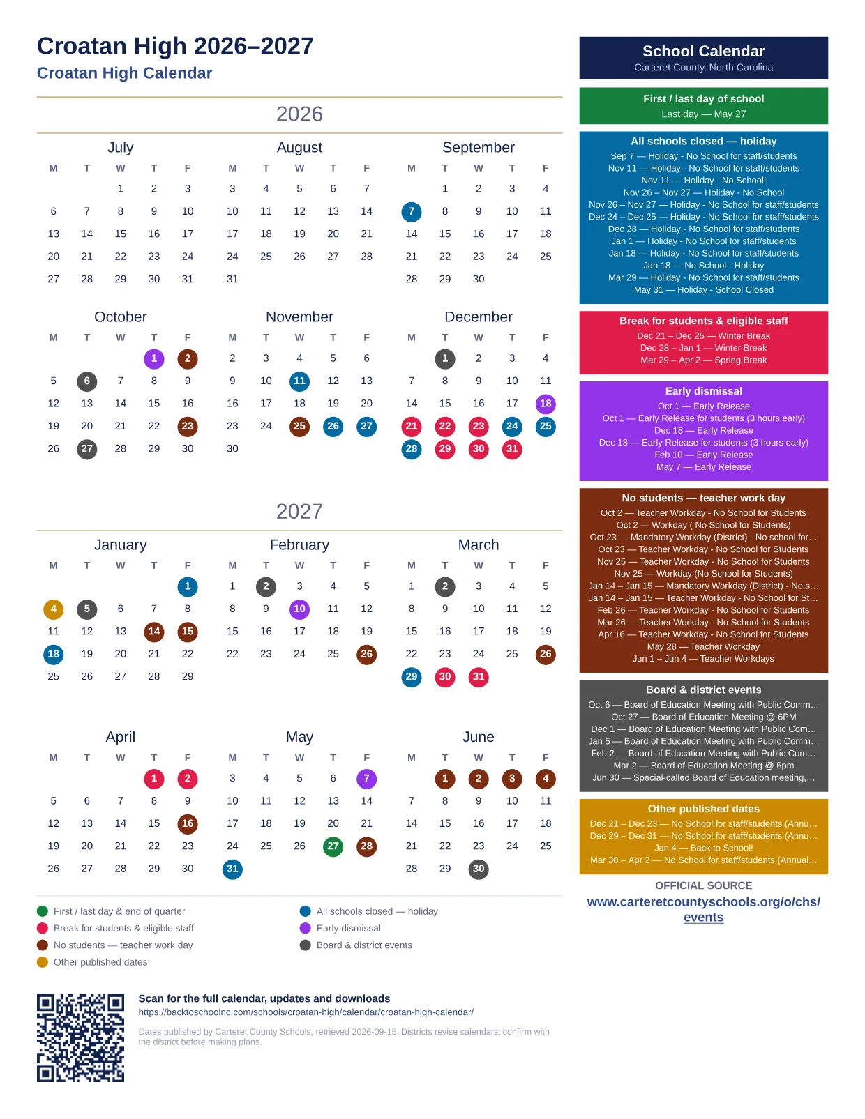 Croatan High  printable calendar