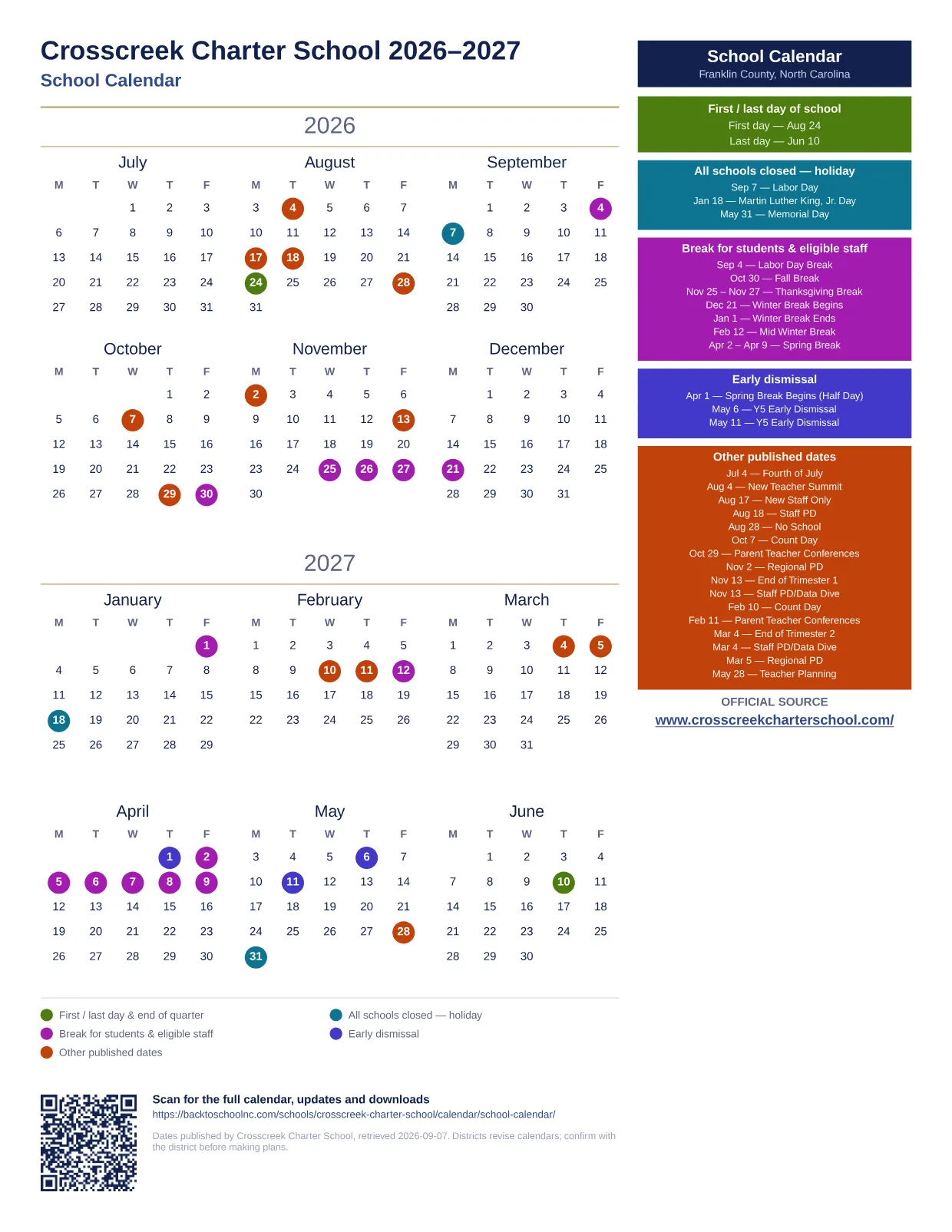Crosscreek Charter School School Calendar 2026–2027 printable calendar