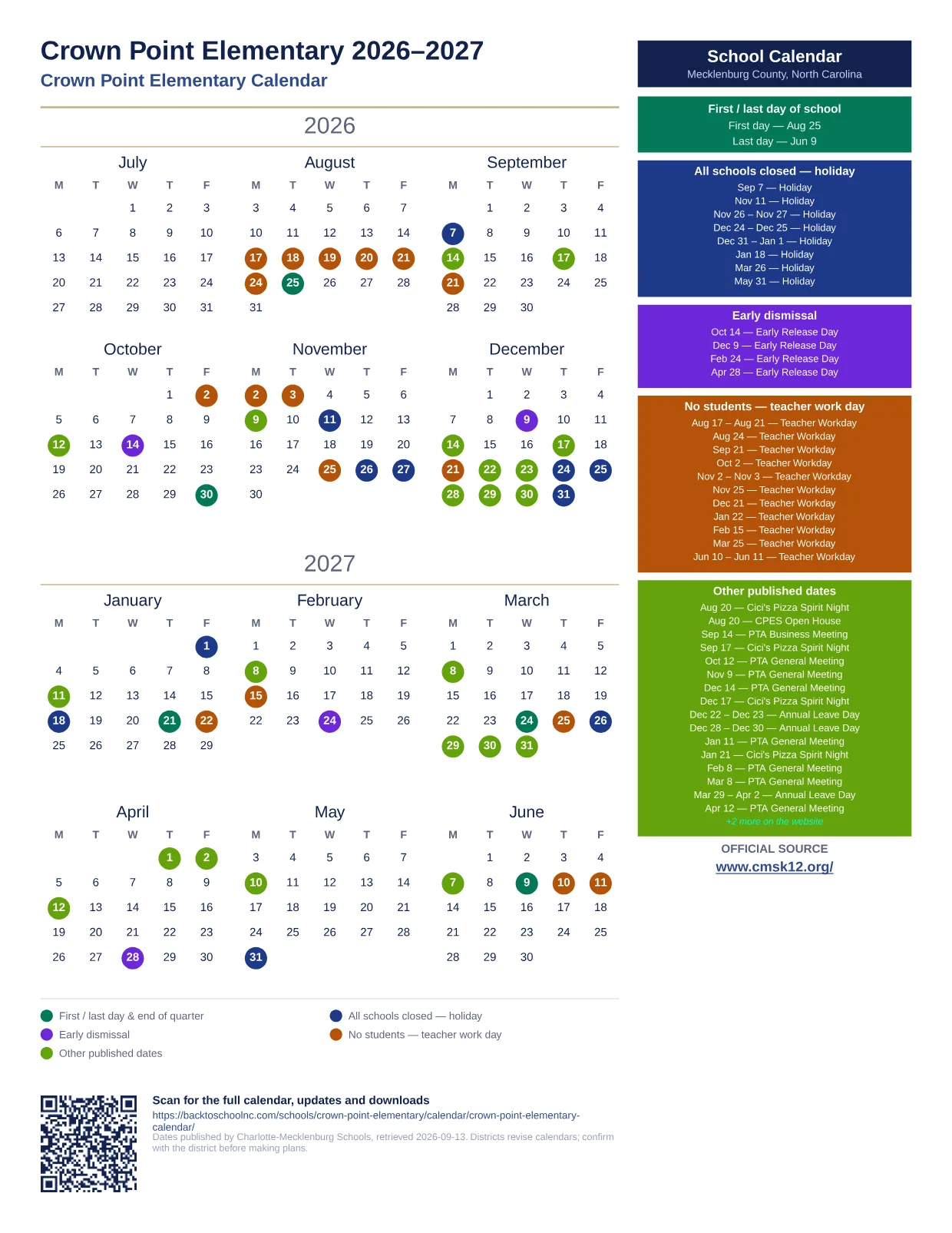 Crown Point Elementary 2026–2027 printable calendar